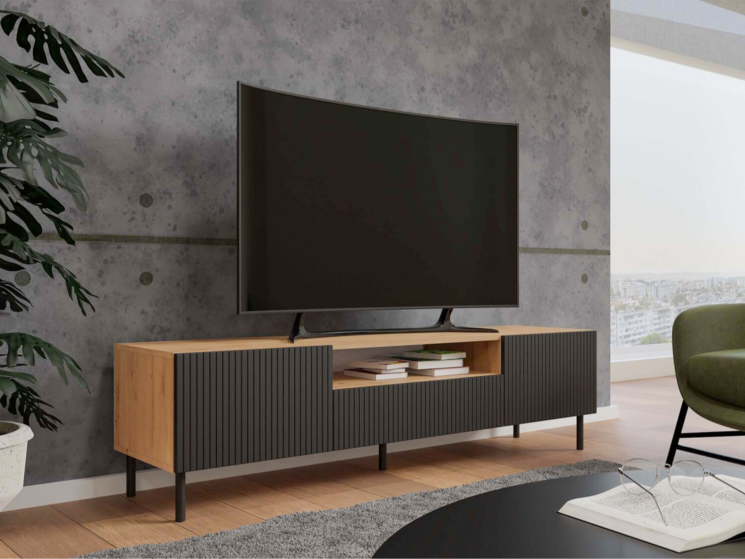 TV stand Romseru 105 (Black + Artisan oak)