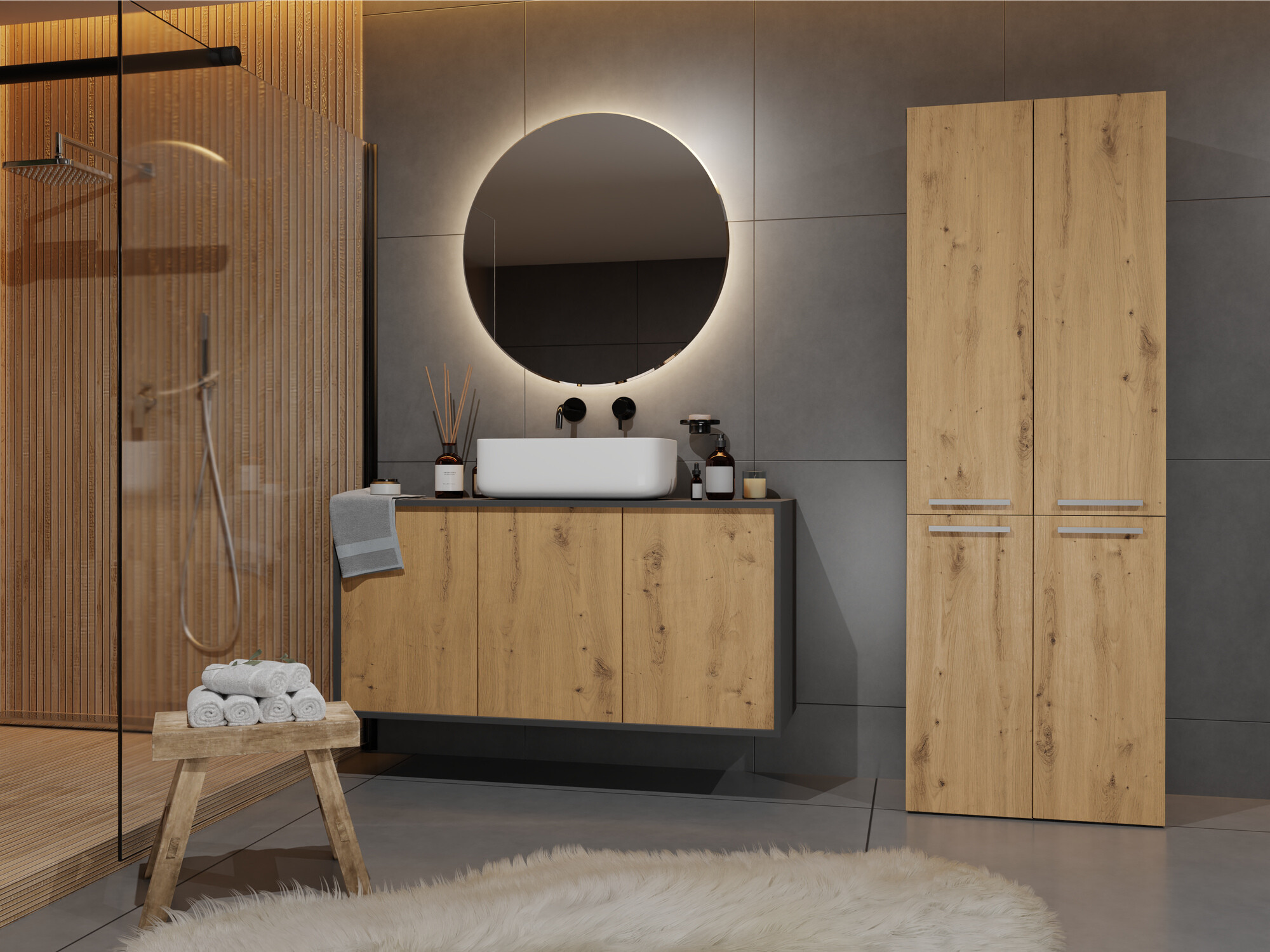 Freestanding bathroom cabinet Nolmaru 100 (Anthracite + Artisan oak)