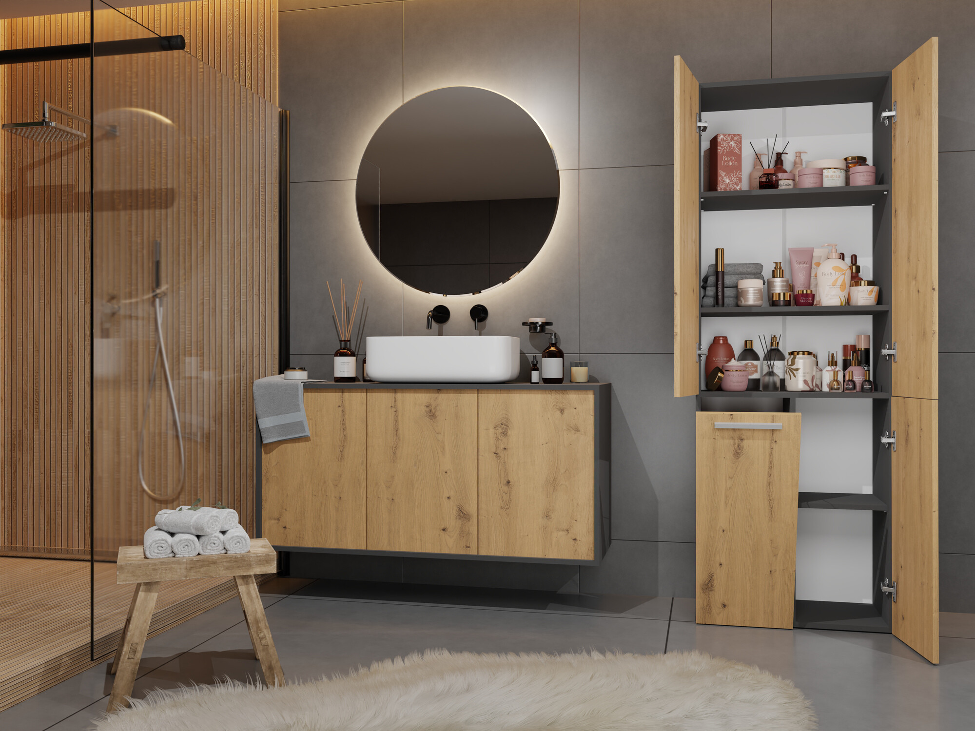 Freestanding bathroom cabinet Nolmaru 100 (Anthracite + Artisan oak)