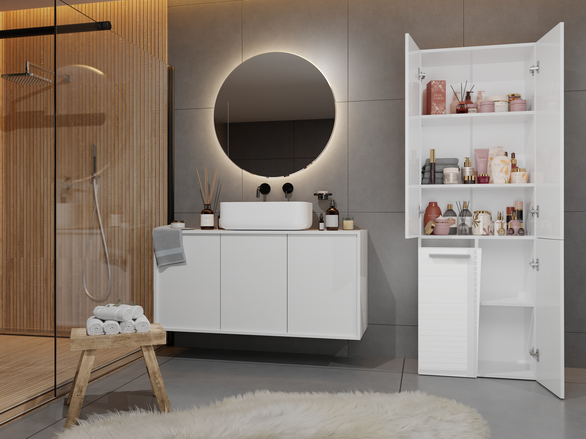 Freestanding bathroom cabinet Nolmaru 100 (White + Glossy white)
