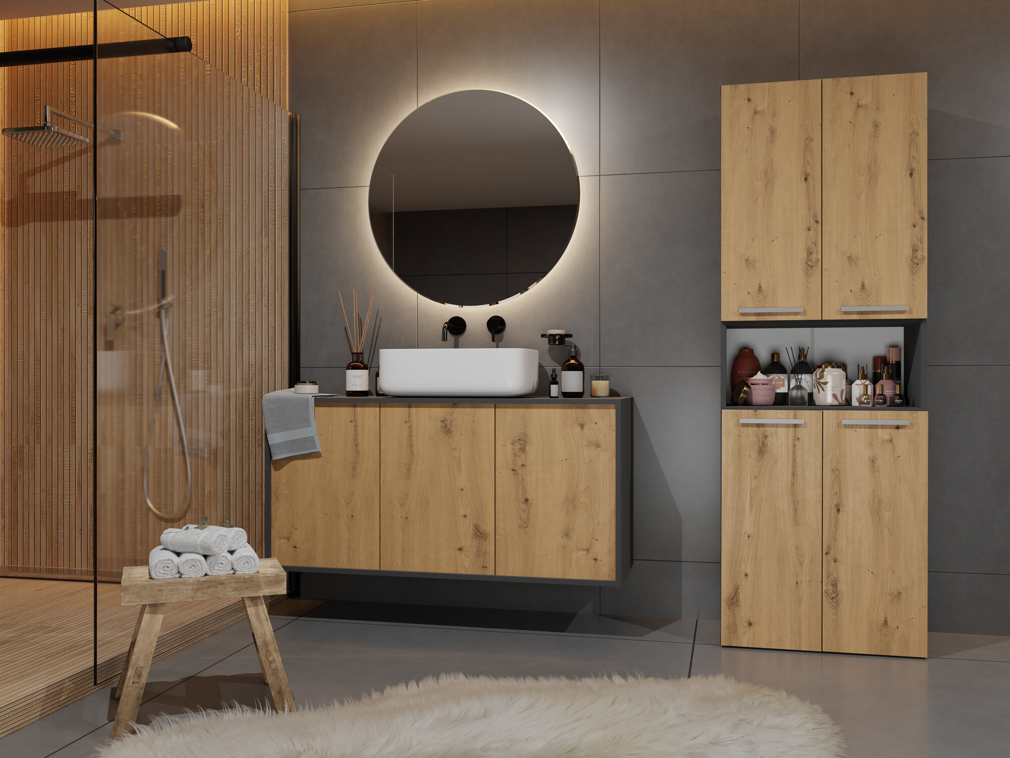 Freestanding bathroom cabinet Nolmaru 101 (Anthracite + Artisan oak)