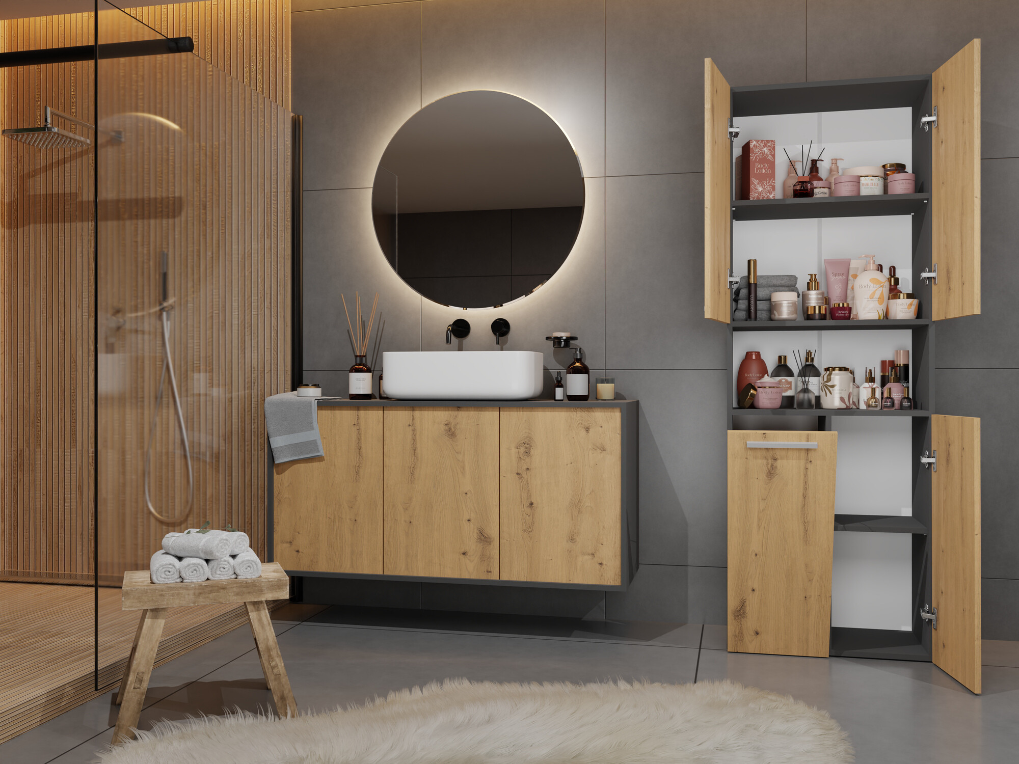Freestanding bathroom cabinet Nolmaru 101 (Anthracite + Artisan oak)