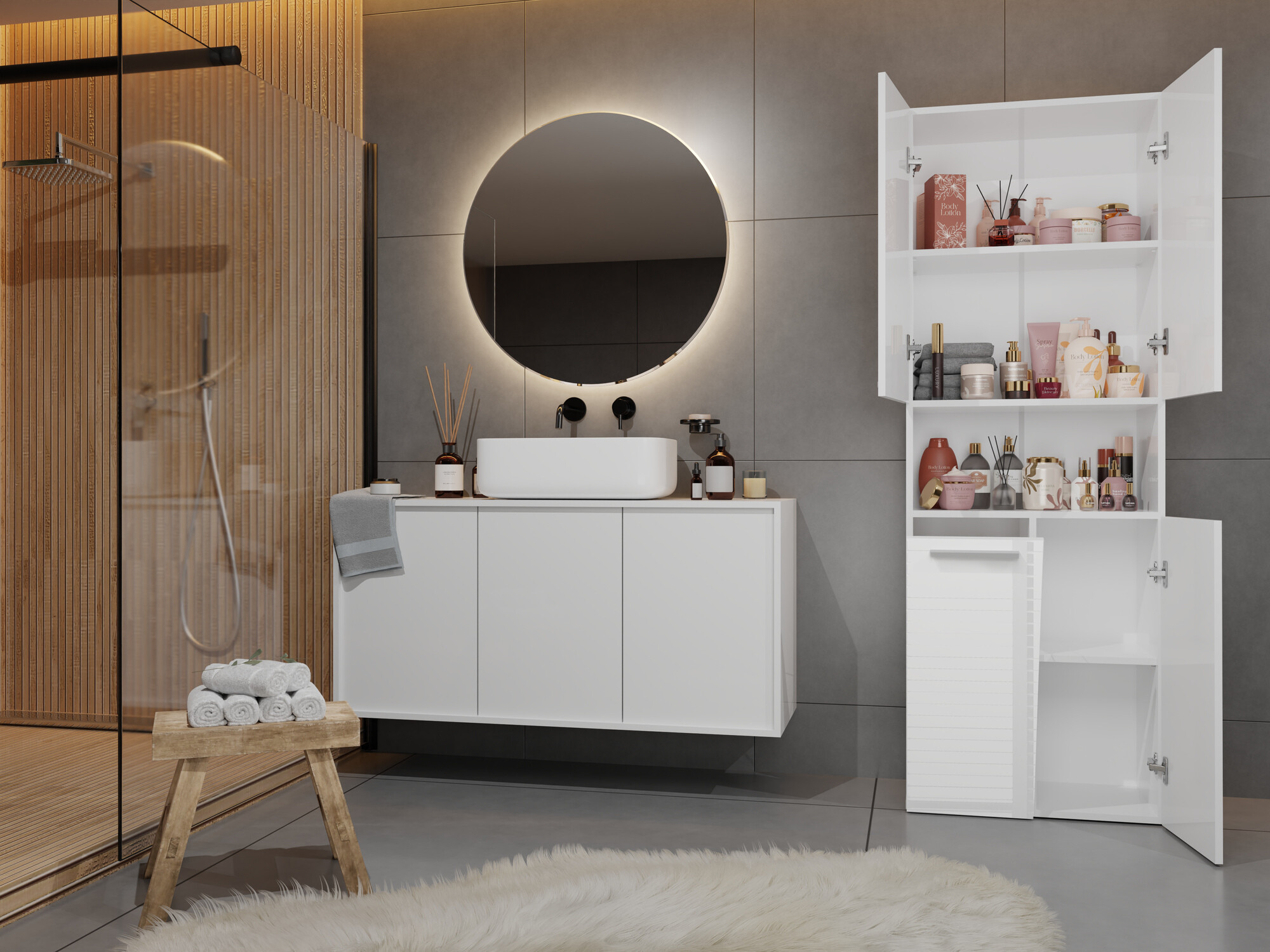 Freestanding bathroom cabinet Nolmaru 101 (White + Glossy white)