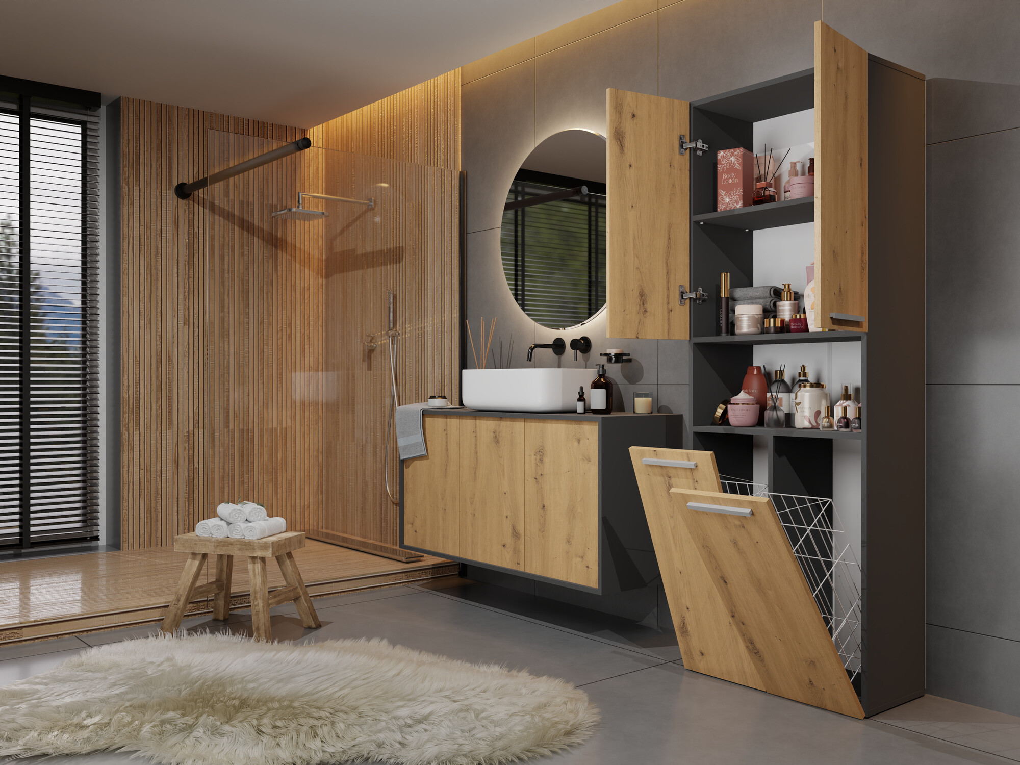 Freestanding bathroom cabinet Nolmaru 103 (Anthracite + Artisan oak)