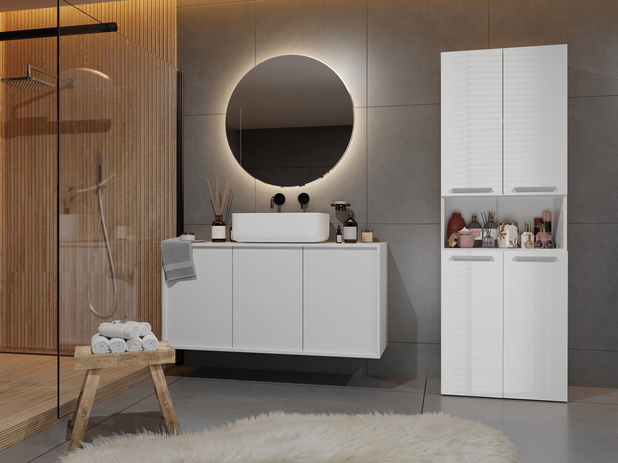 Freestanding bathroom cabinet Nolmaru 103 (White + Glossy white)