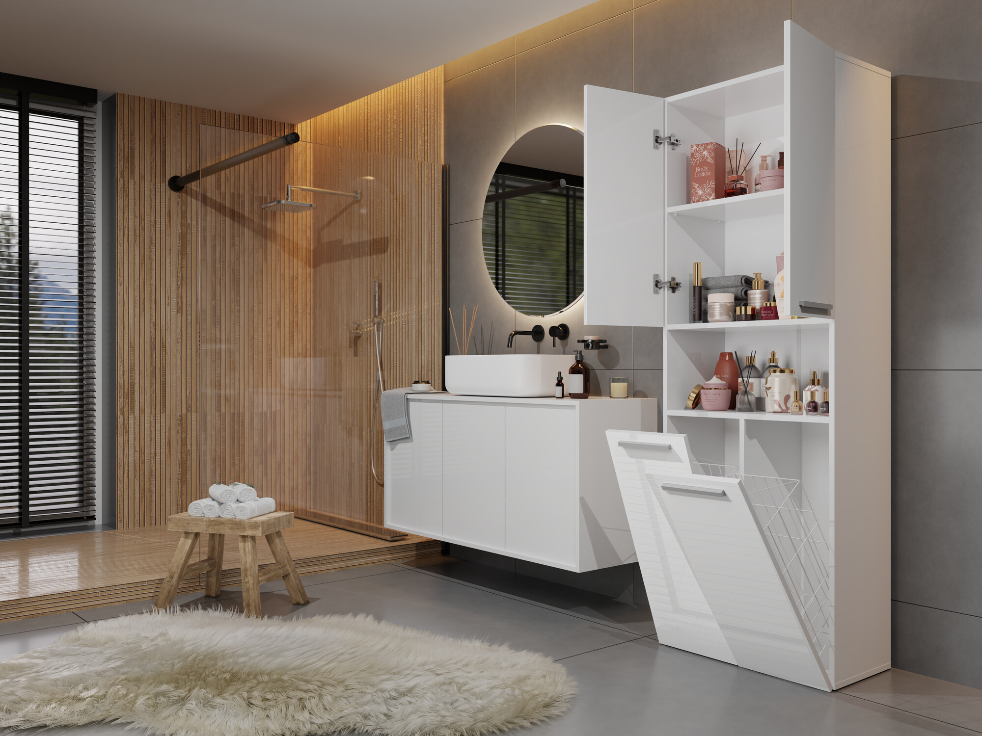 Freestanding bathroom cabinet Nolmaru 103 (White + Glossy white)