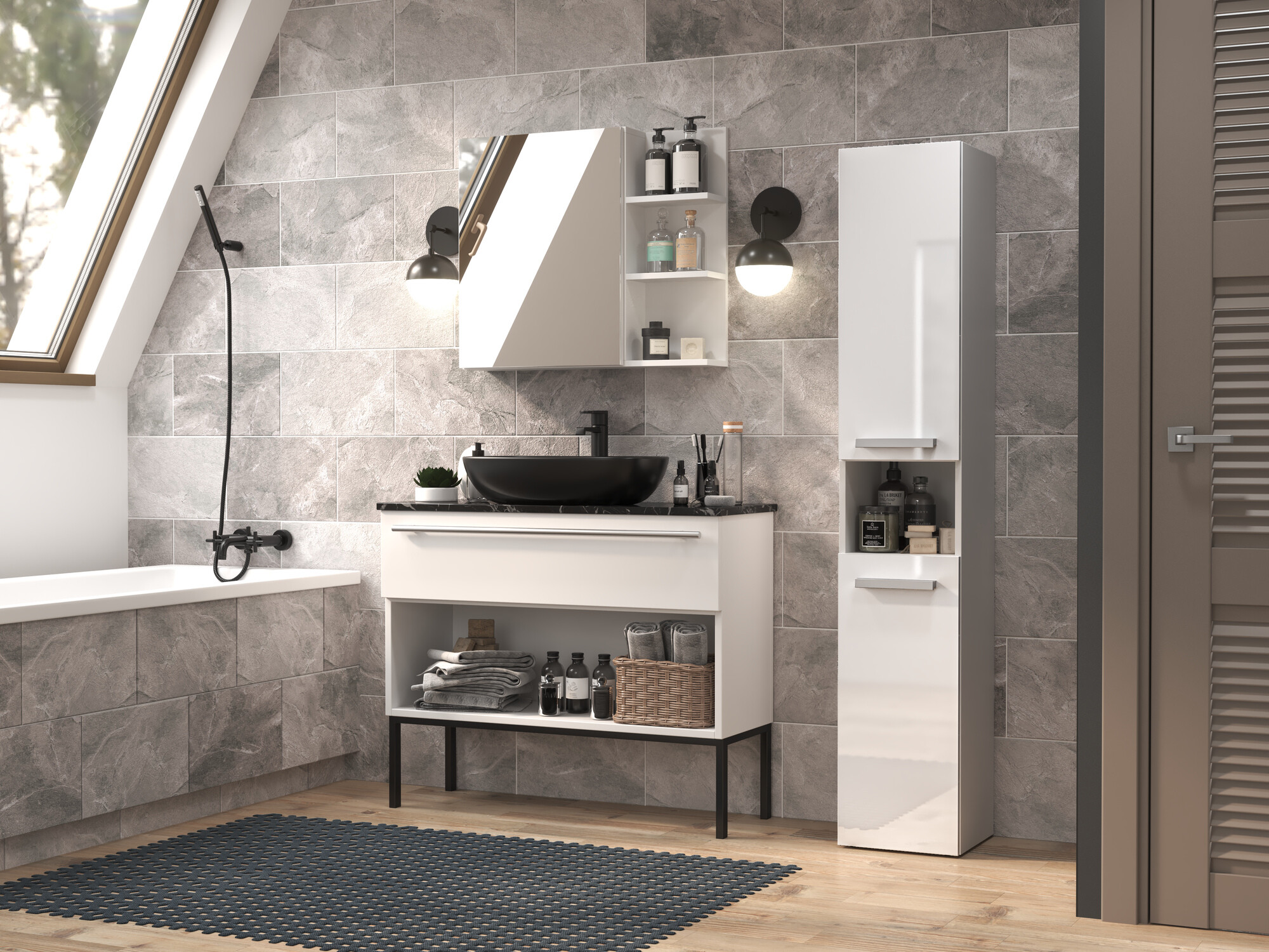 Freestanding bathroom cabinet Nolmaru 104 (White + Glossy white)