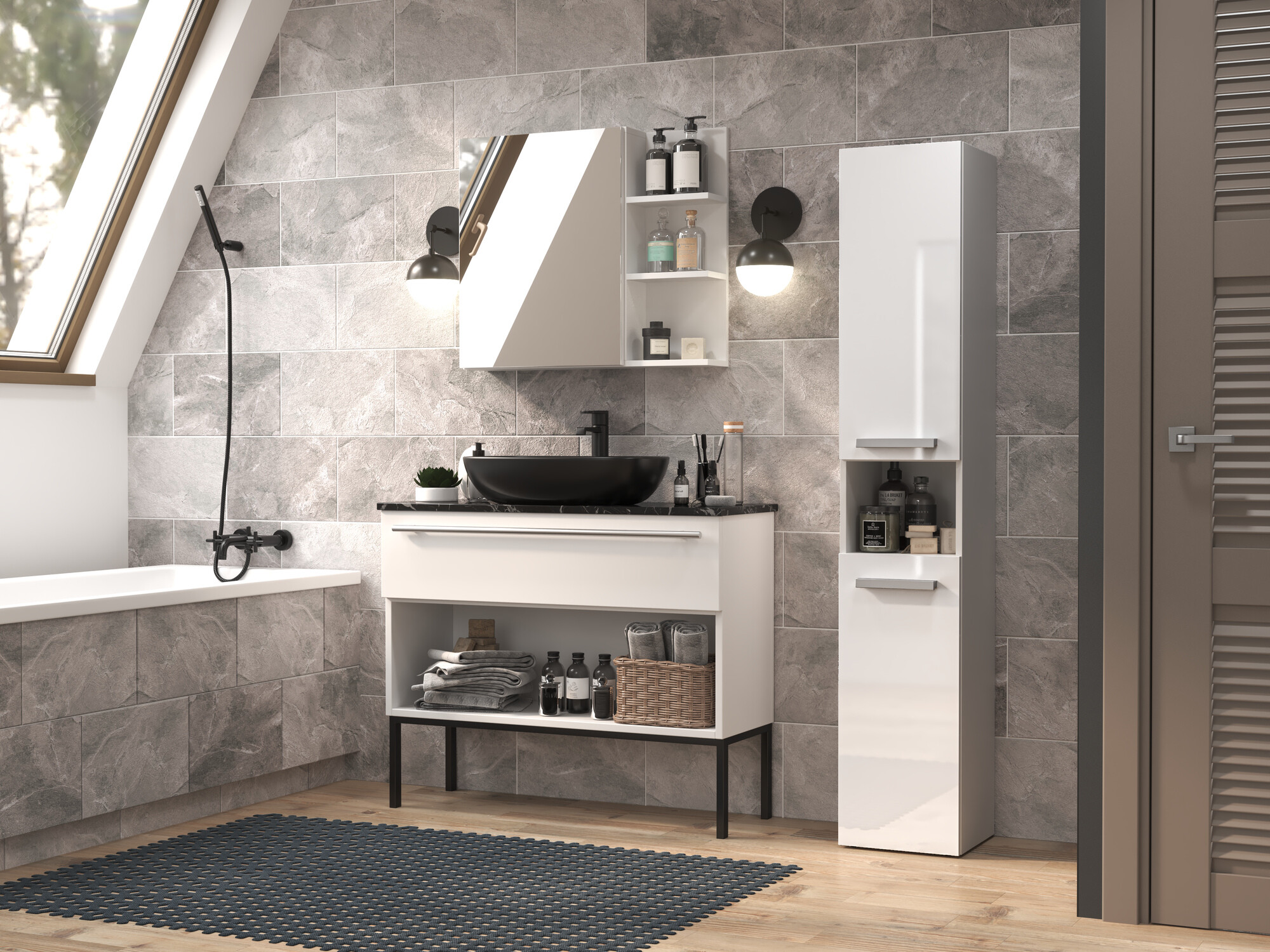 Freestanding bathroom cabinet Nolmaru 106 (White + Glossy white)