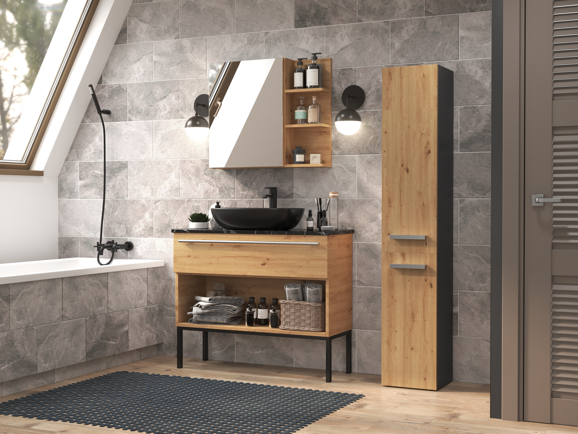 Freestanding bathroom cabinet Nolmaru 107 (Anthracite + Artisan oak)