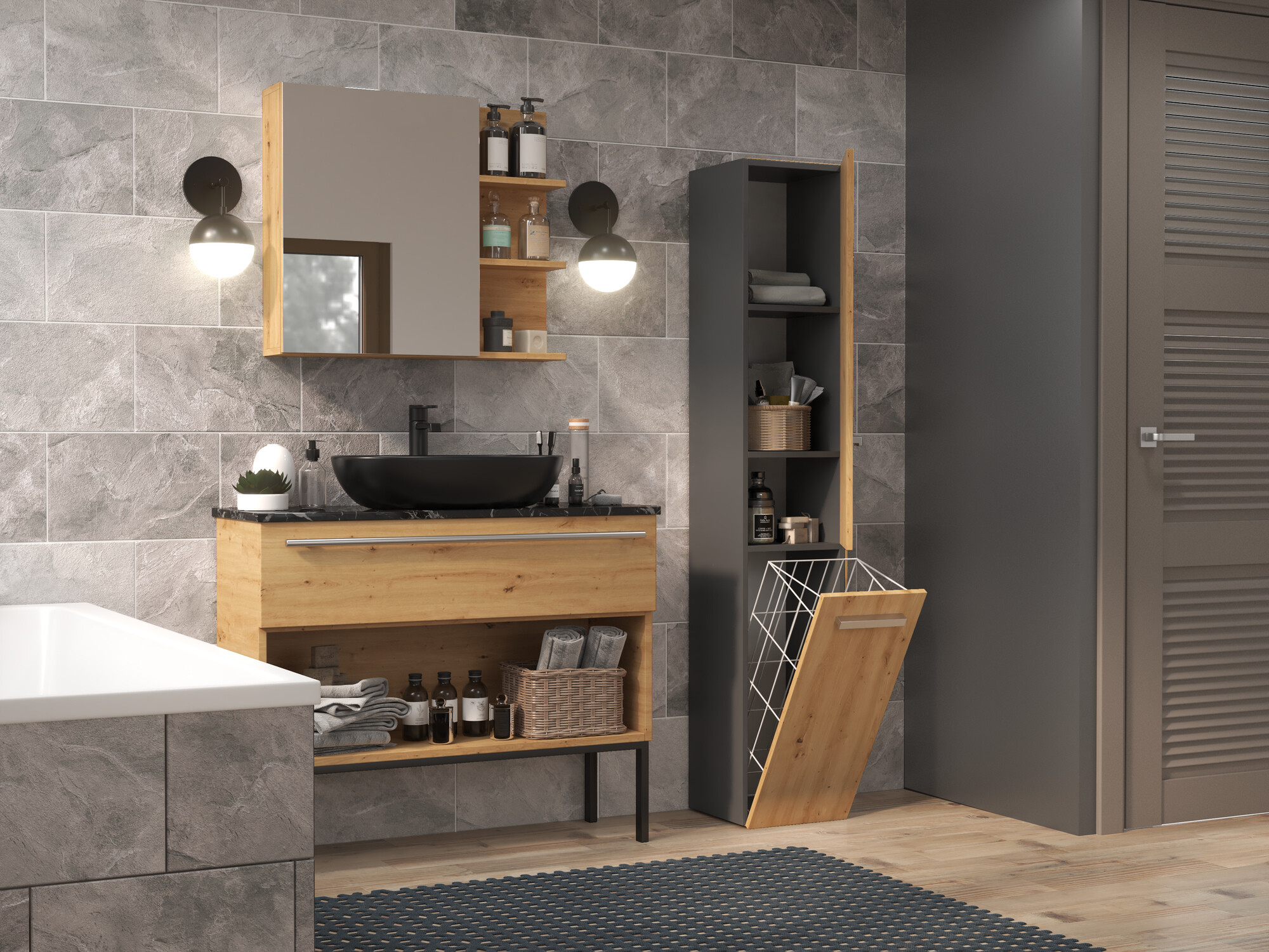Freestanding bathroom cabinet Nolmaru 107 (Anthracite + Artisan oak)