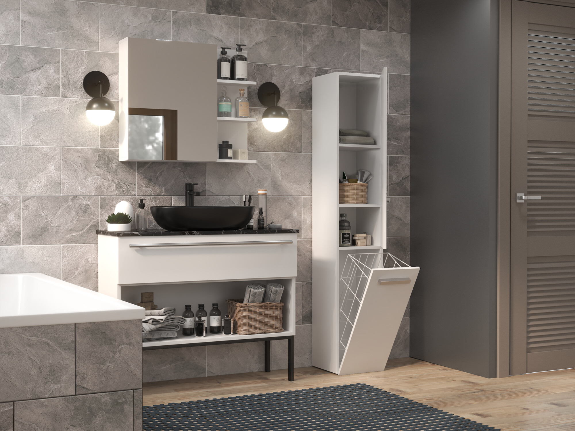 Freestanding bathroom cabinet Nolmaru 107 (White + Glossy white)