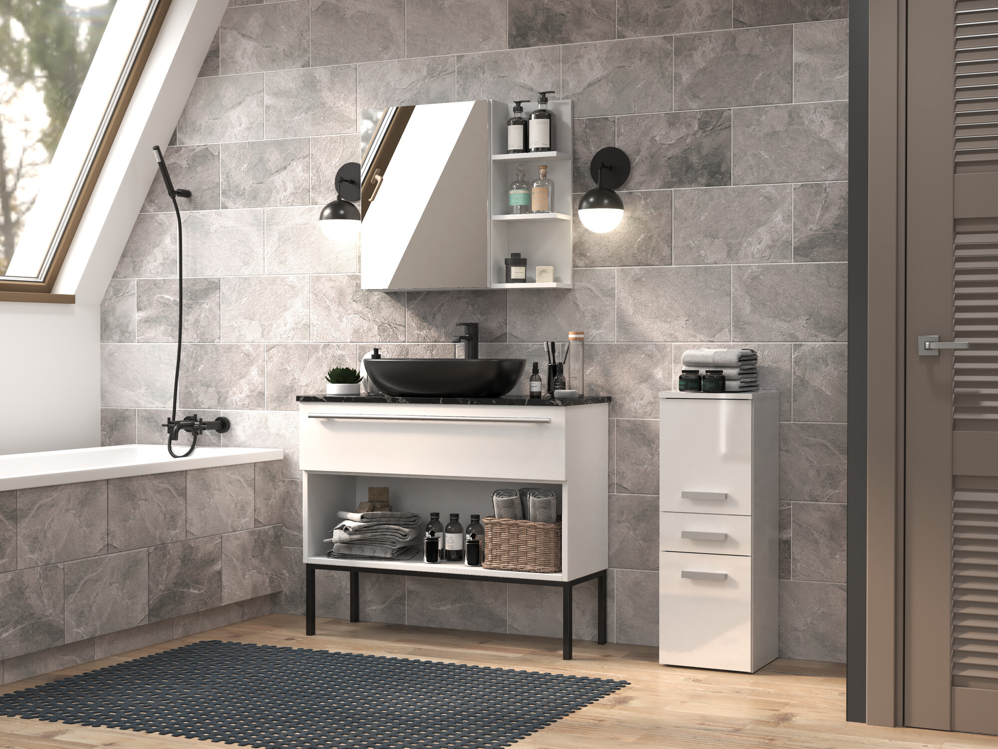 Freestanding bathroom cabinet Nolmaru 108 (White + Glossy white)