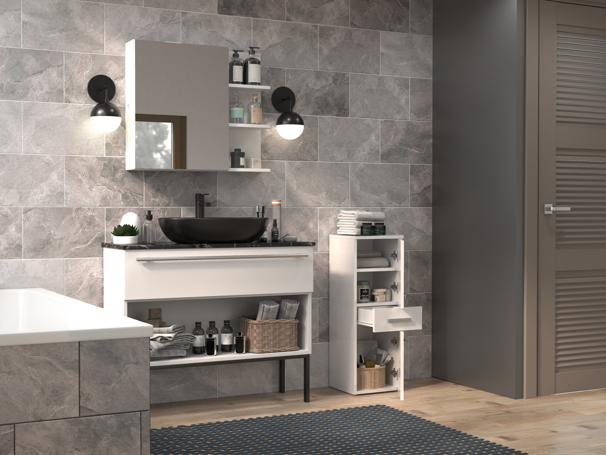 Freestanding bathroom cabinet Nolmaru 108 (White + Glossy white)