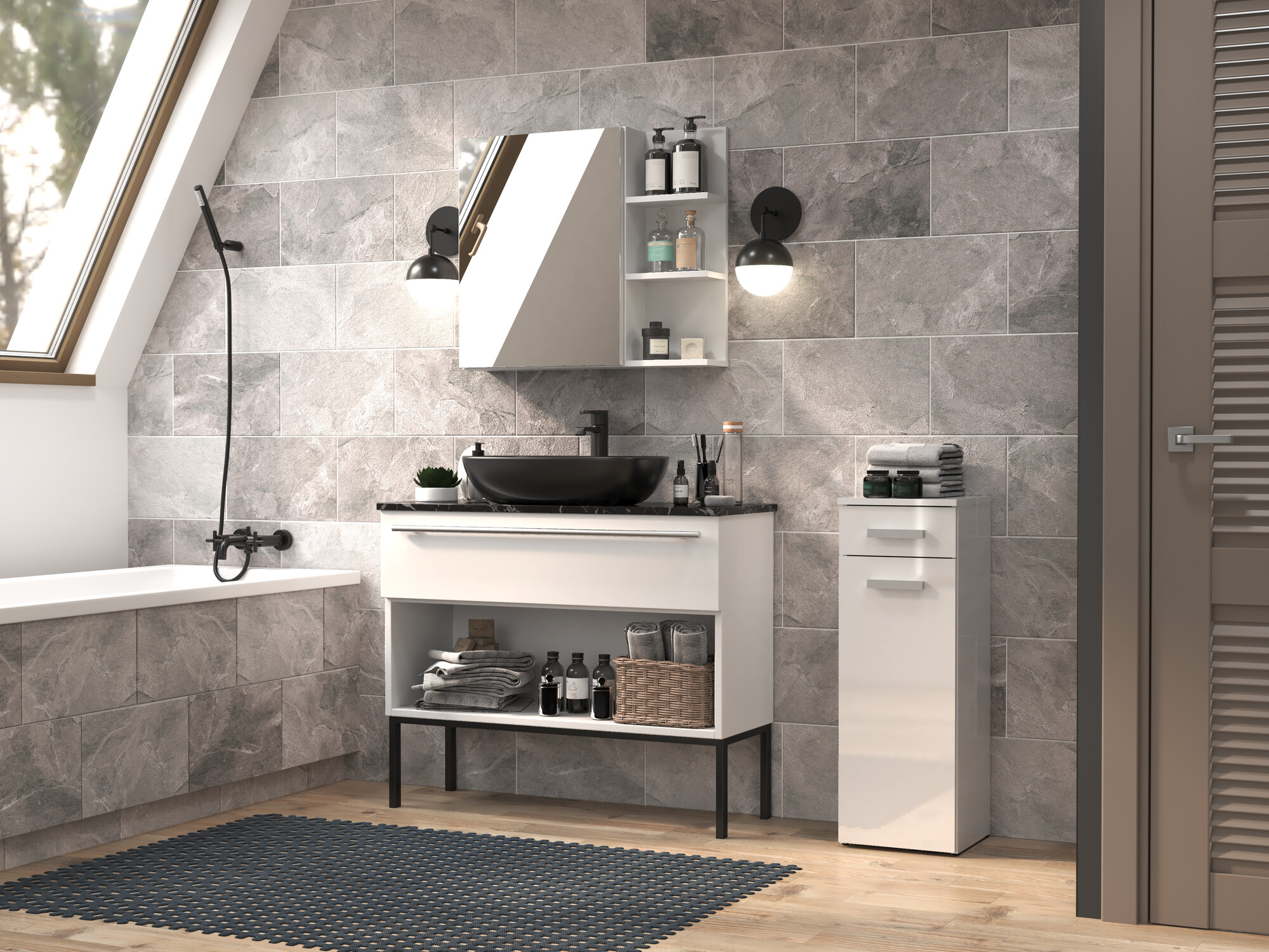 Freestanding bathroom cabinet Nolmaru 109 (White + Glossy white)