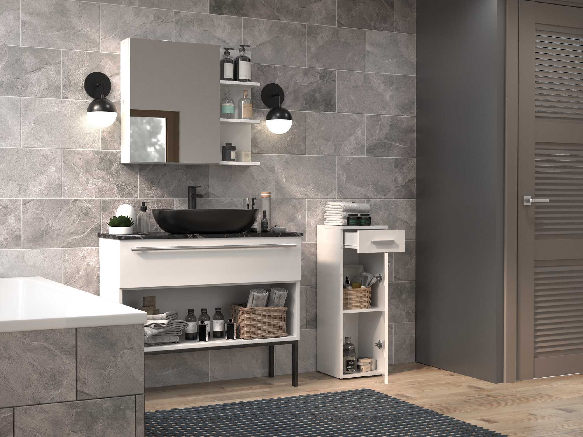Freestanding bathroom cabinet Nolmaru 109 (White + Glossy white)