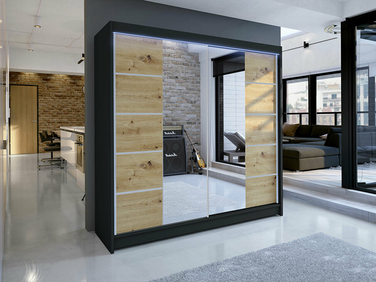 Wardrobe Closico Cavaris V (Black + Artisan oak)