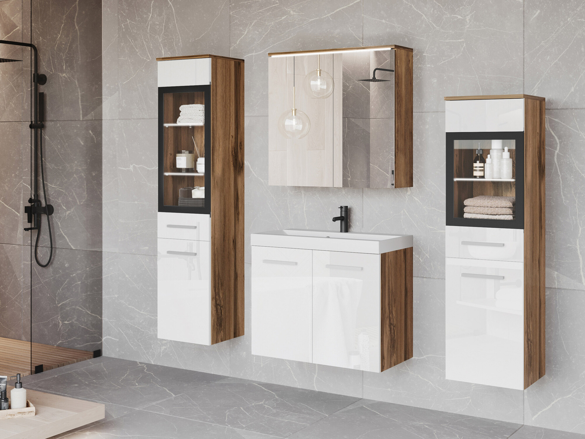 Bathroom set Scientia III (Glossy white + Wotan Oak)
