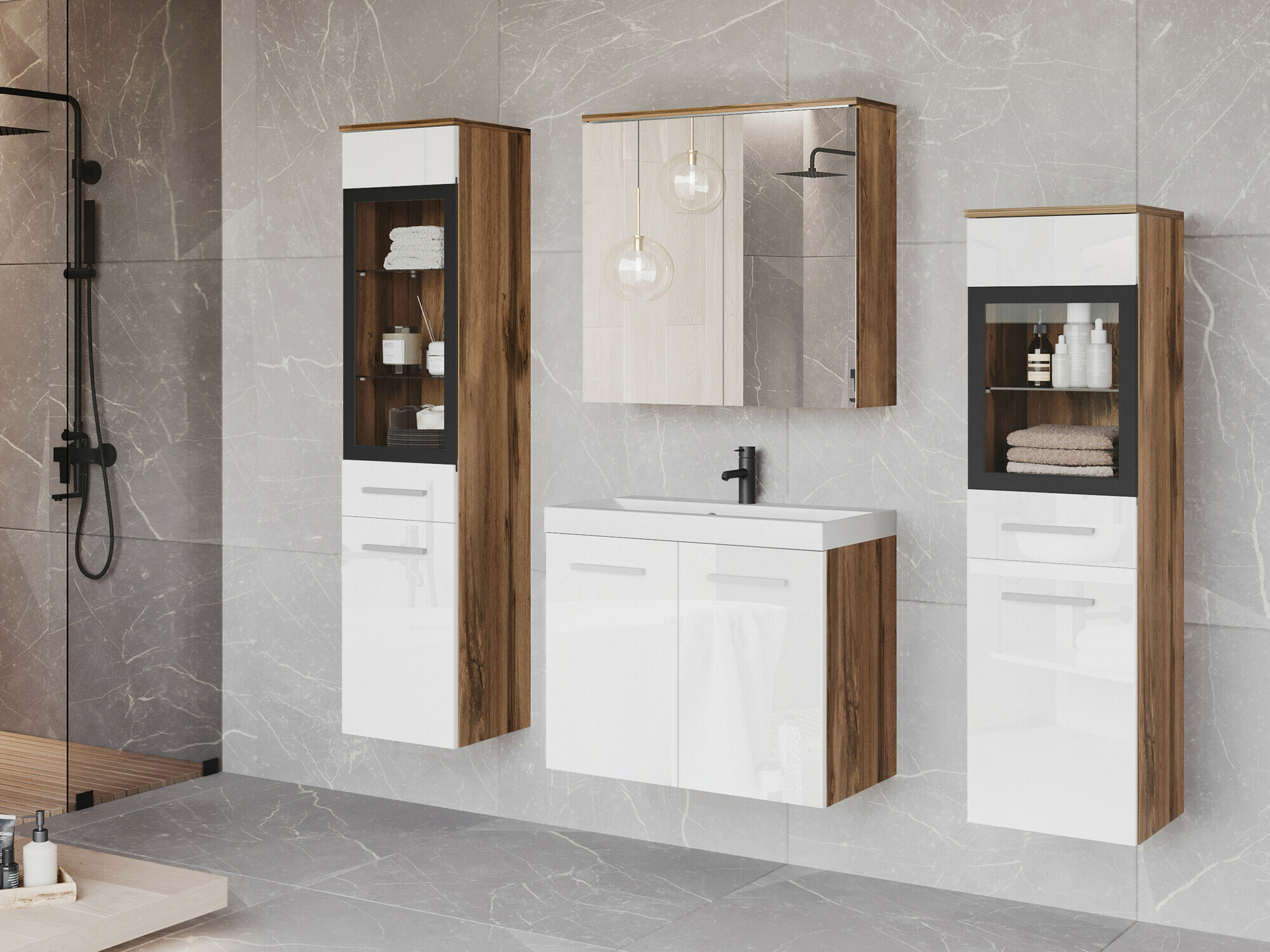 Bathroom set Scientia III (Glossy white + Wotan Oak)