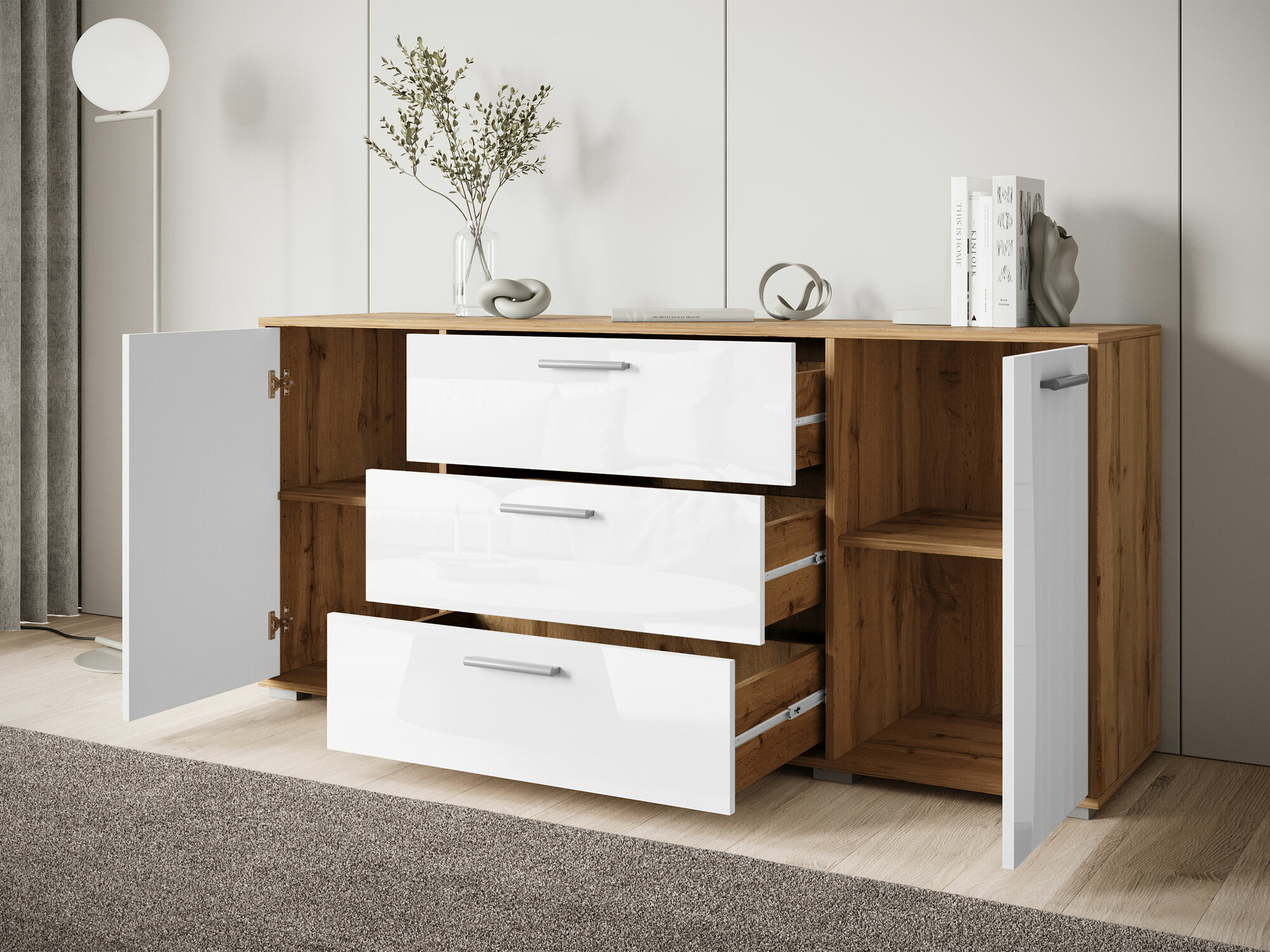 Chest of drawers Sarasota 174 (Wotan Oak + Glossy white)