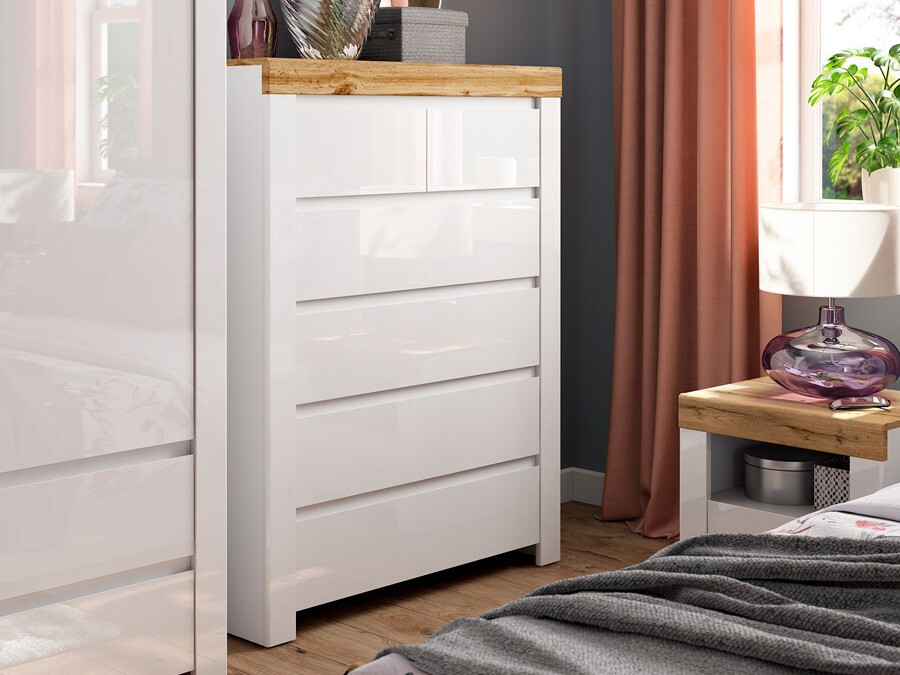 Chest of drawers Sonsoru 114 (White + Glossy white + Wotan Oak)