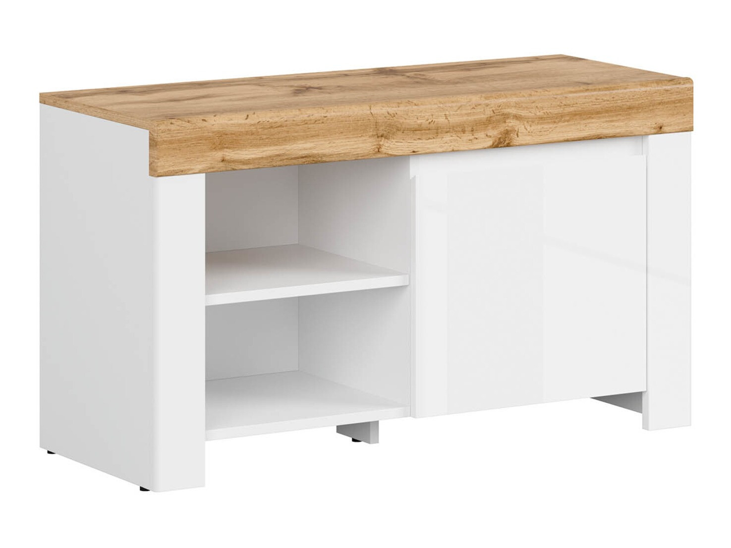 Shoe cabinet Sonsoru 118 (White + Glossy white + Wotan Oak)