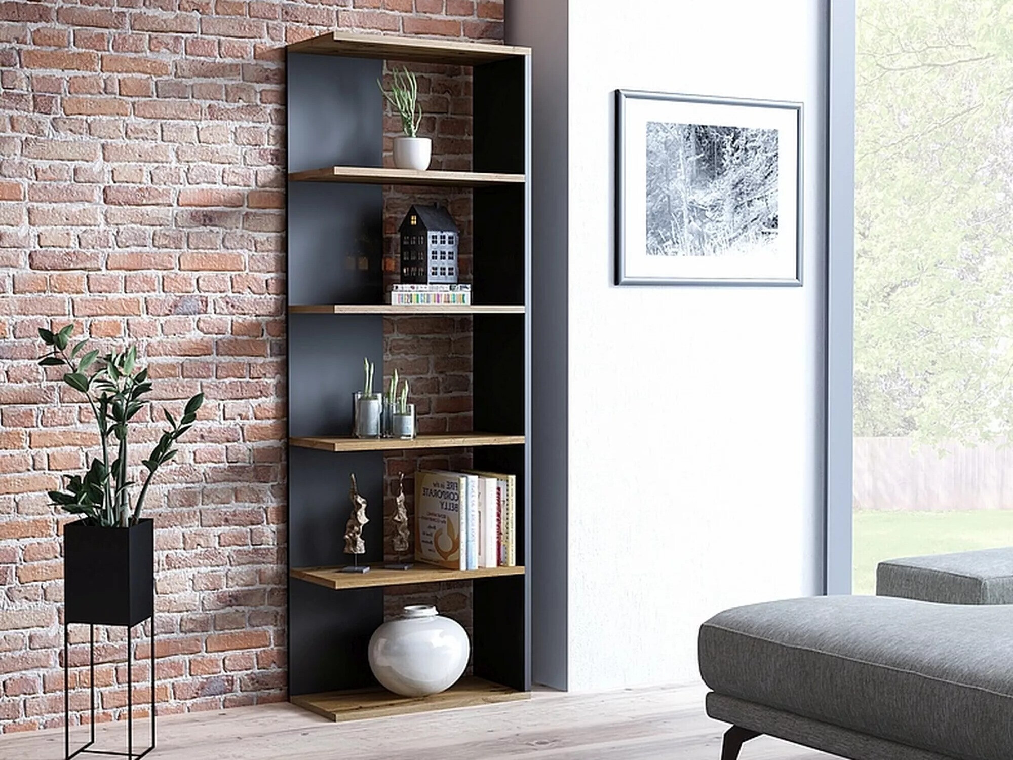 Bookcase Detroit 151 (Black + Wotan Oak)