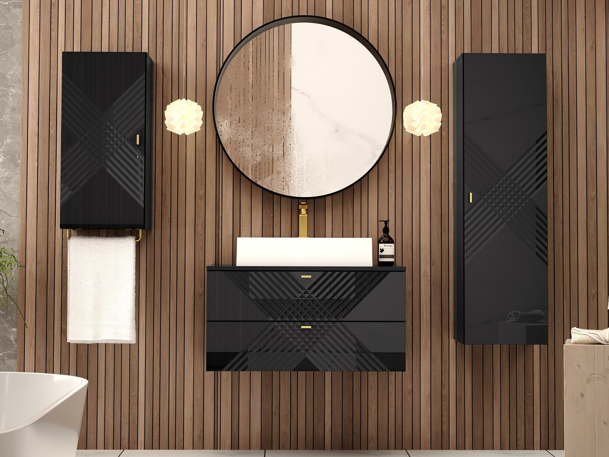 Wall-mounted bathroom cabinet Natar (Black + Glossy black)
