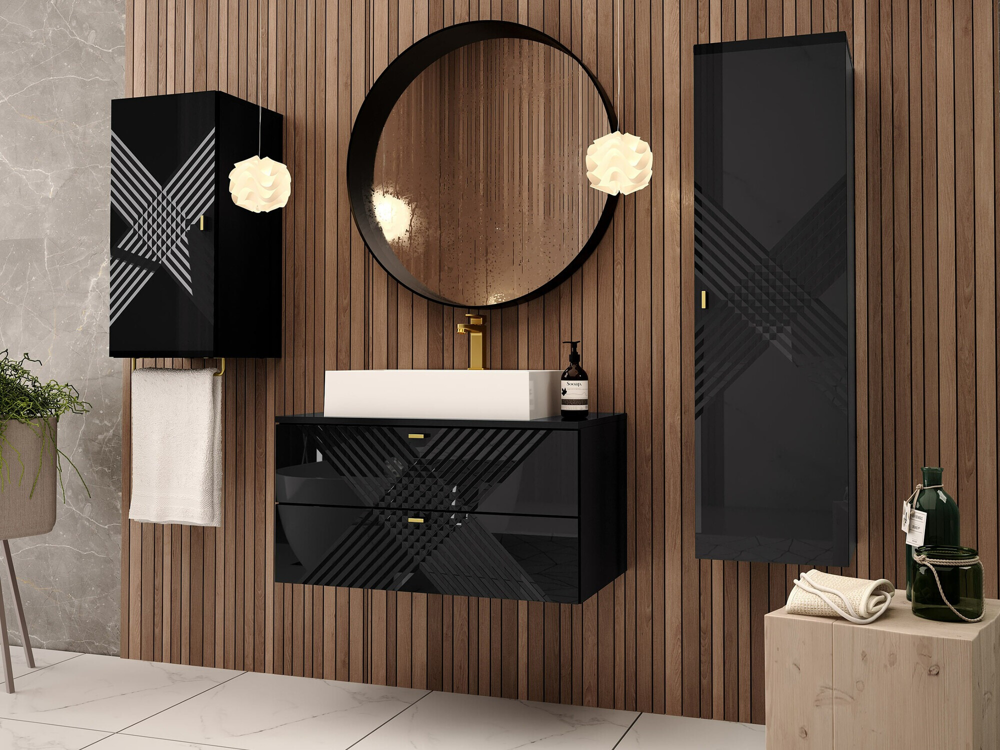 Wall-mounted bathroom cabinet Natar (Black + Glossy black)
