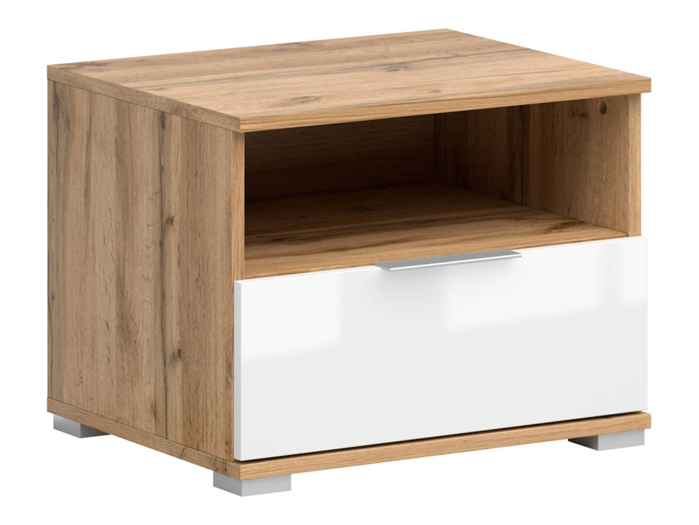 Bedside table Tivetra 114 (Wotan Oak + Glossy white)