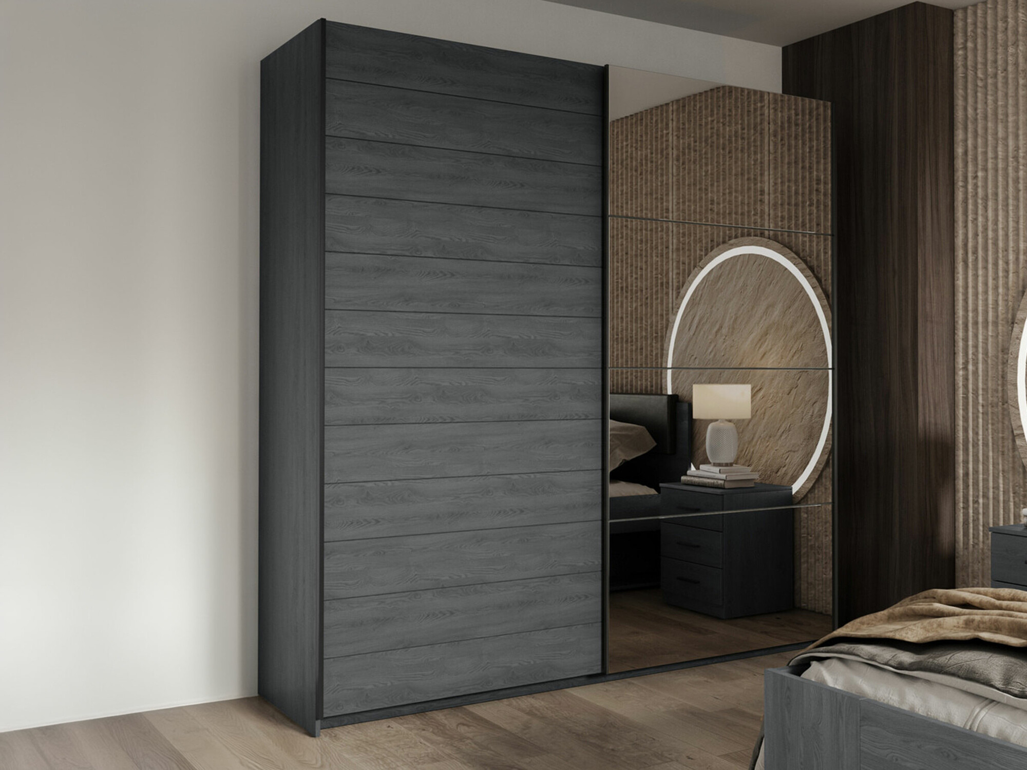 Wardrobe Levruvu 105 (Grey oak + Black)