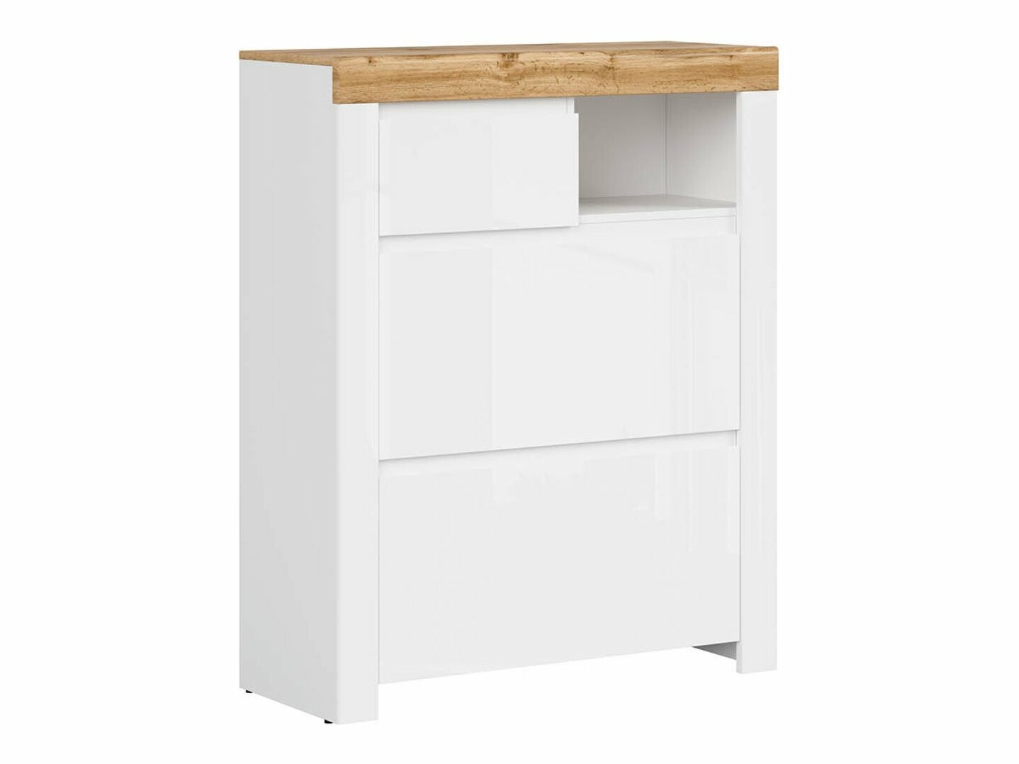 Shoe cabinet Sonsoru 119 (White + Glossy white + Wotan Oak)