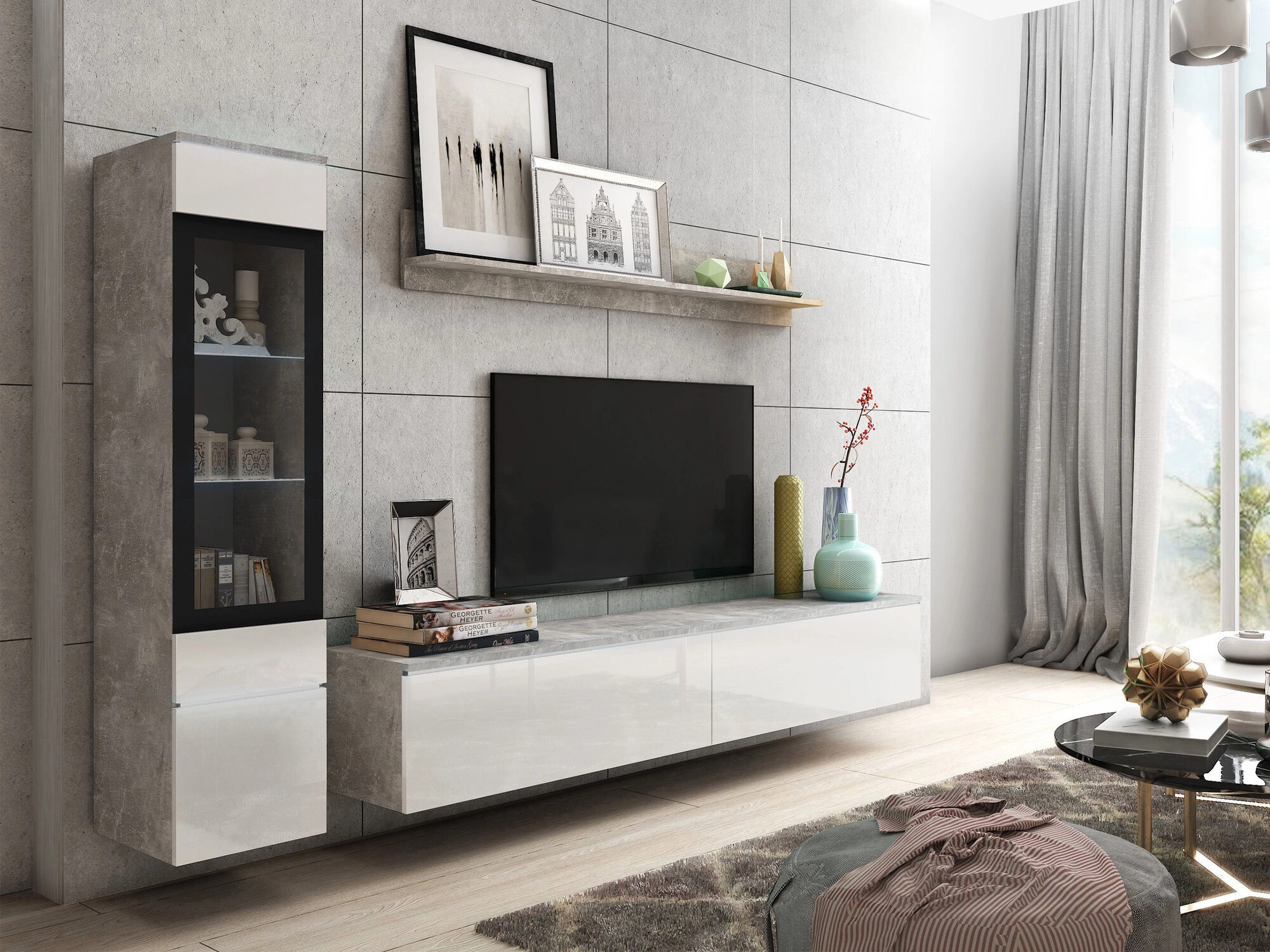 Living room set Mirfivo 100 (Concrete + Glossy white)