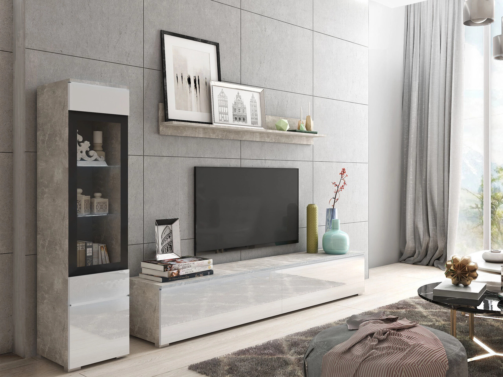 Living room set Mirfivo 100 (Concrete + Glossy white)
