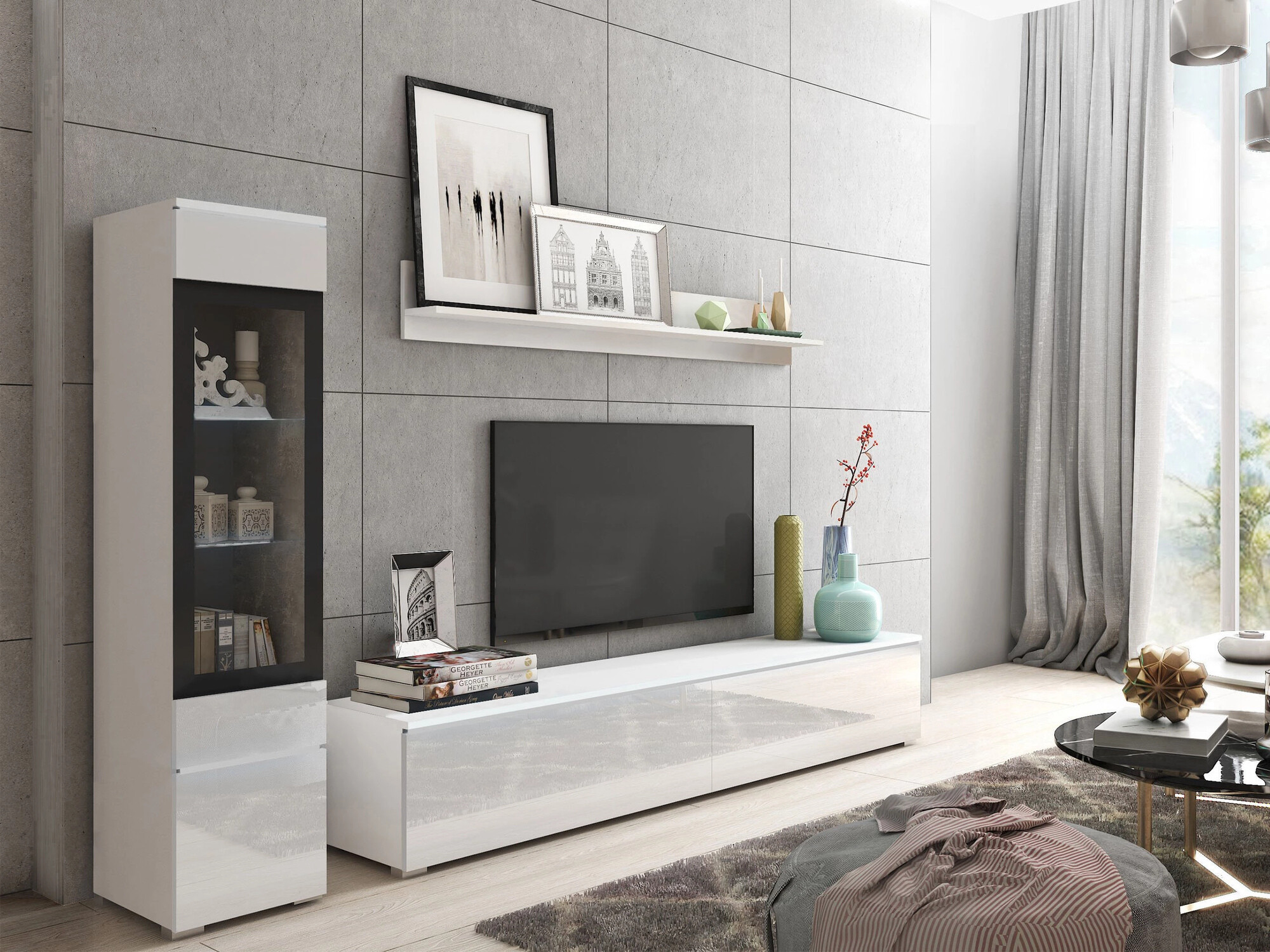 Living room set Mirfivo 100 (White + Glossy white)