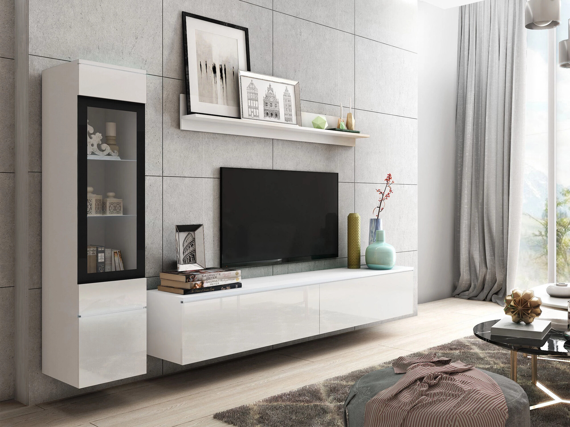 Living room set Mirfivo 100 (White + Glossy white)