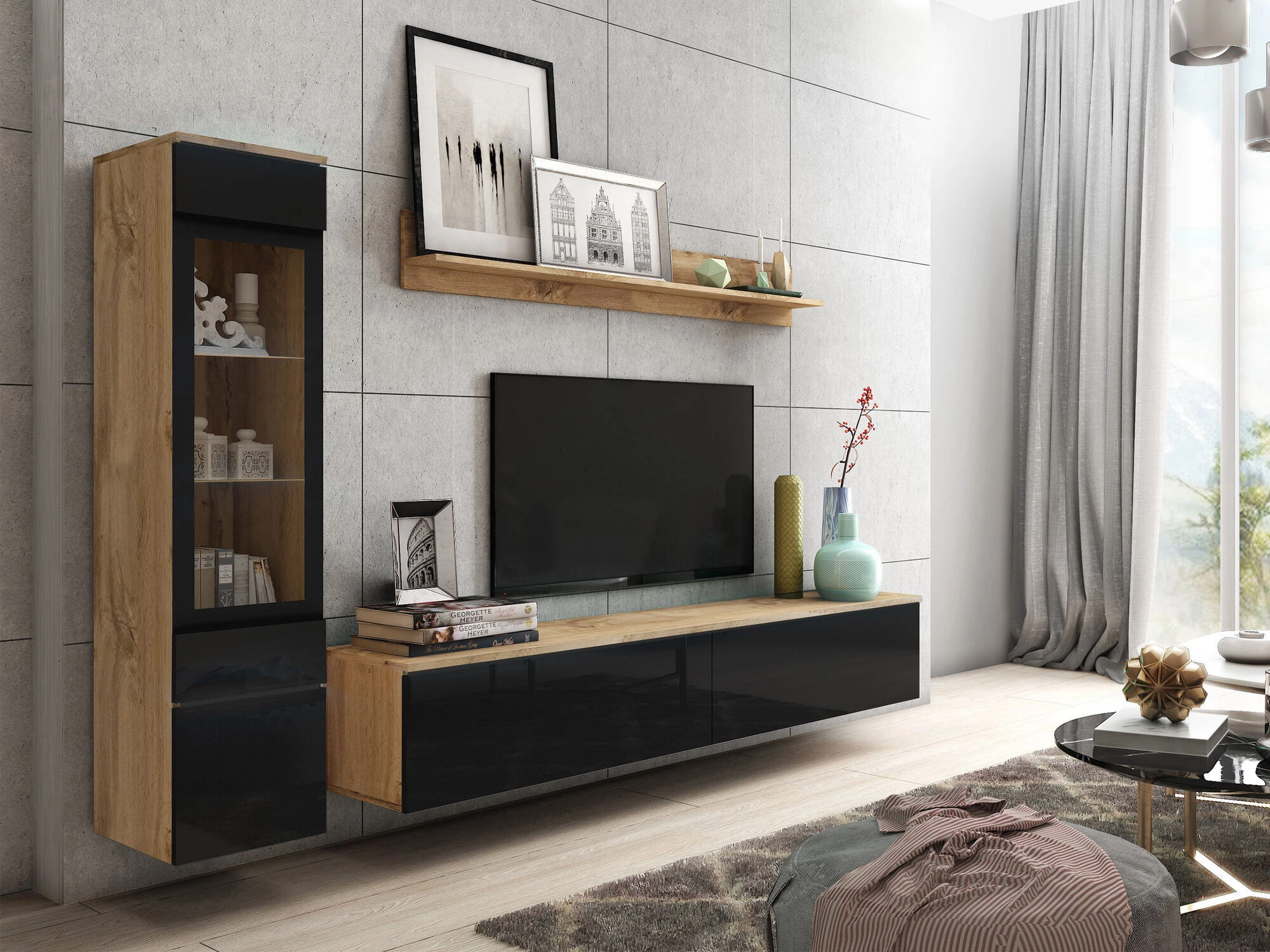Living room set Mirfivo 100 (Wotan Oak + Glossy black)