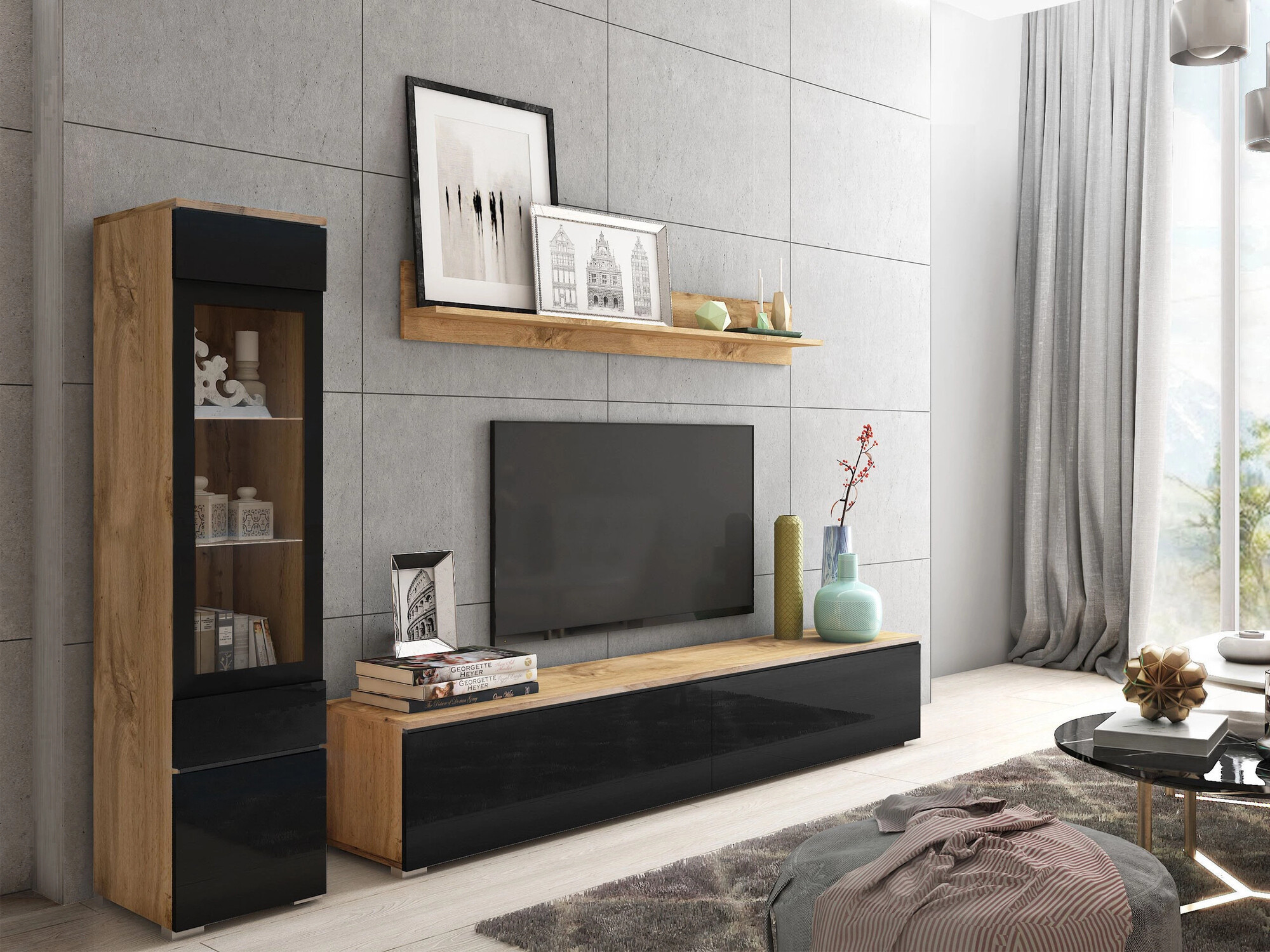 Living room set Mirfivo 100 (Wotan Oak + Glossy black)