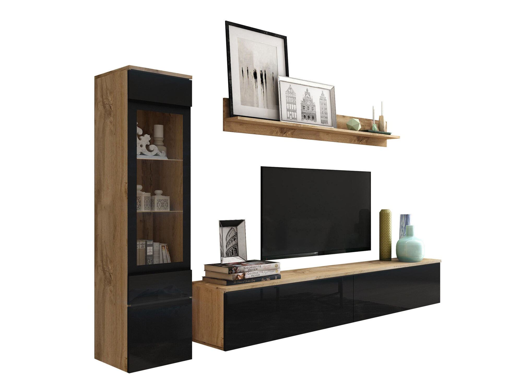 Living room set Mirfivo 100 (Wotan Oak + Glossy black)