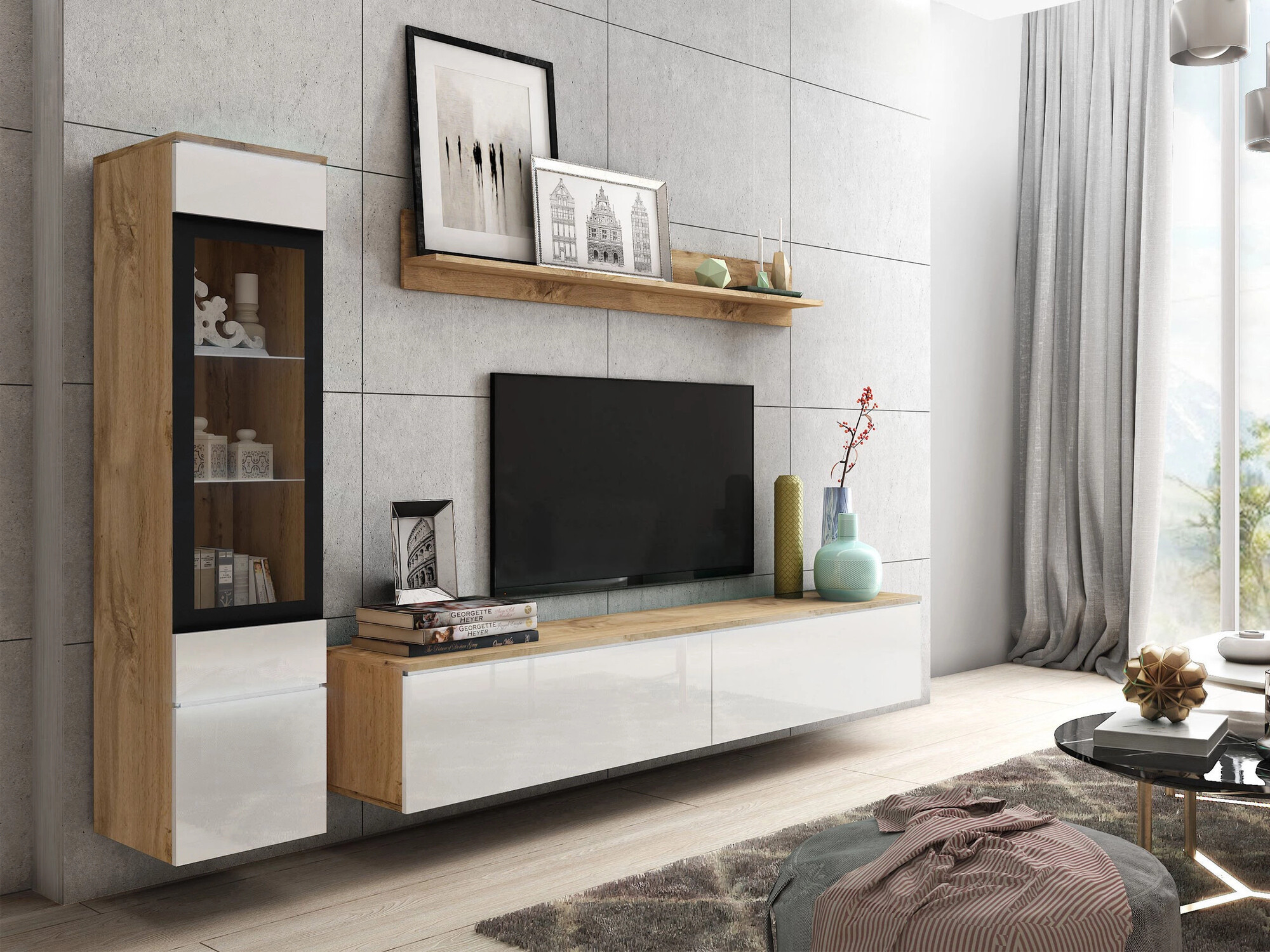Living room set Mirfivo 100 (Wotan Oak + Glossy white)