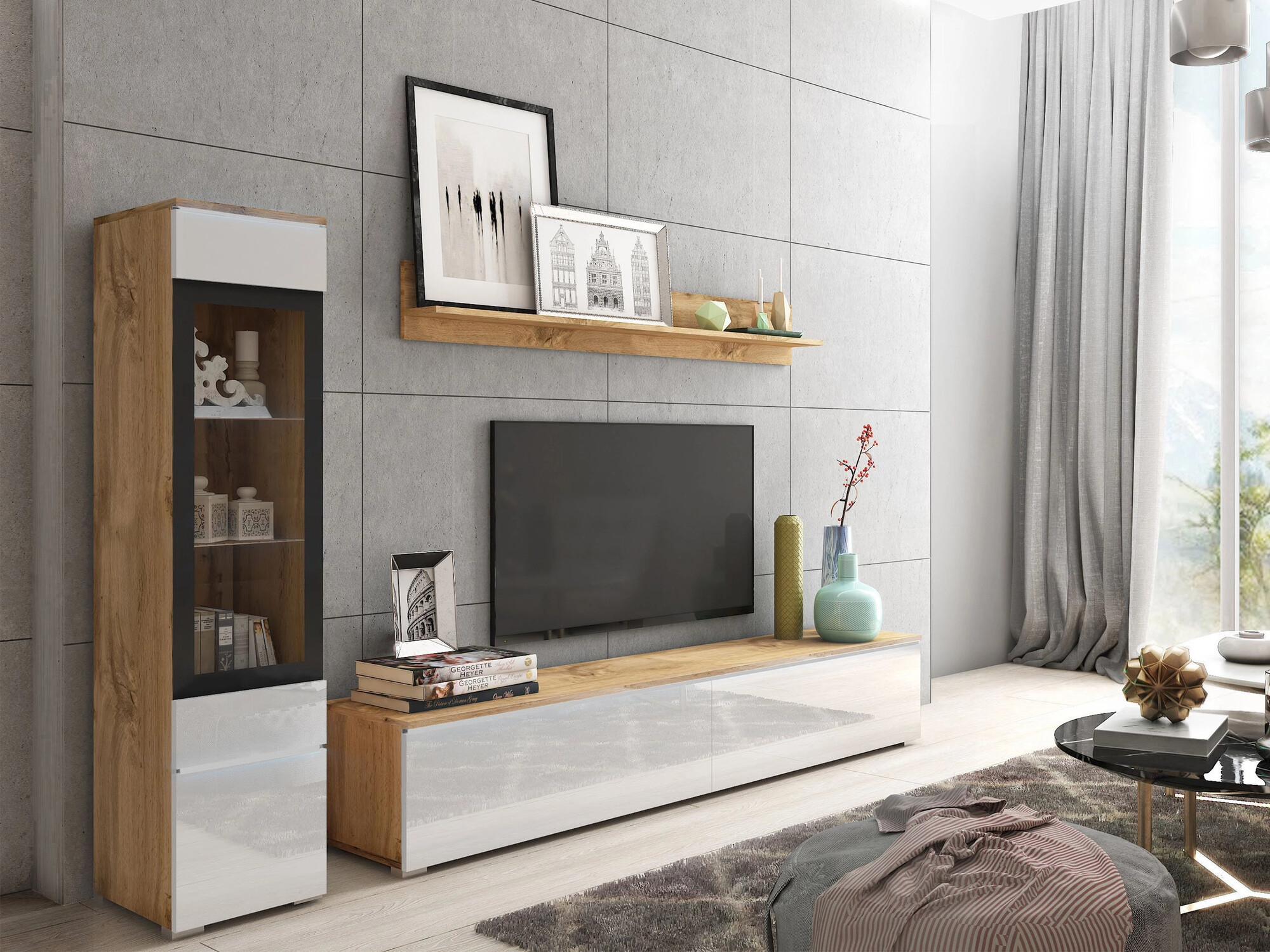 Living room set Mirfivo 100 (Wotan Oak + Glossy white)