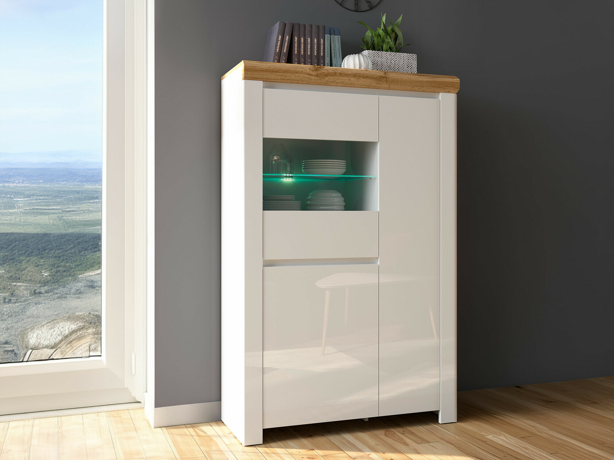 Bookcase Sonsoru 105 (White + Glossy white + Wotan Oak)
