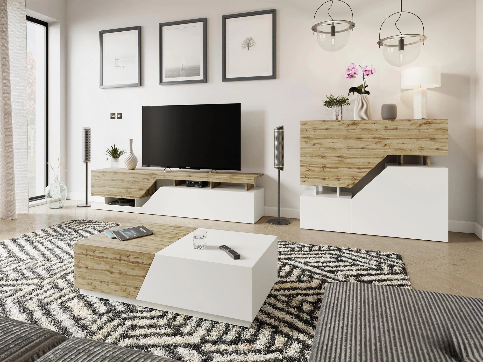 Living room set Comfivo Daldune II (White + Wotan Oak)