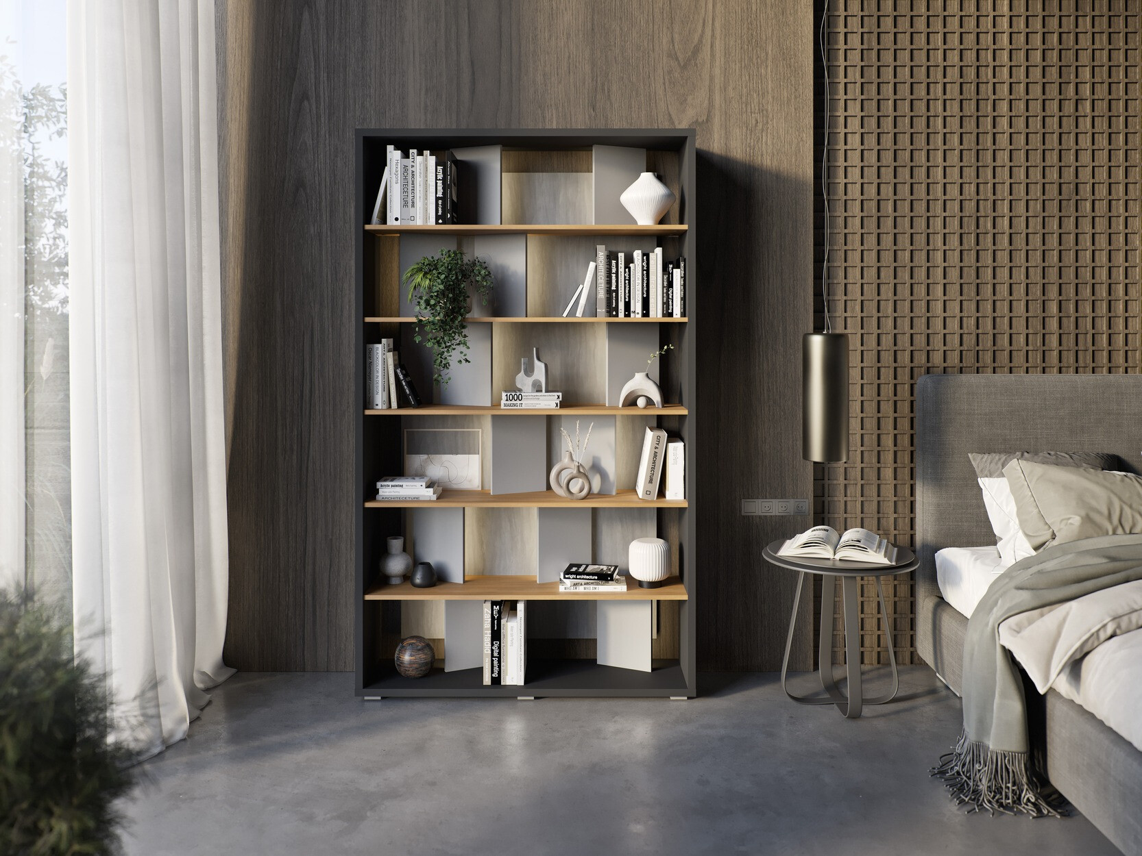 Bookcase Fresno 154 (Glossy grey + Graphite + Oak)