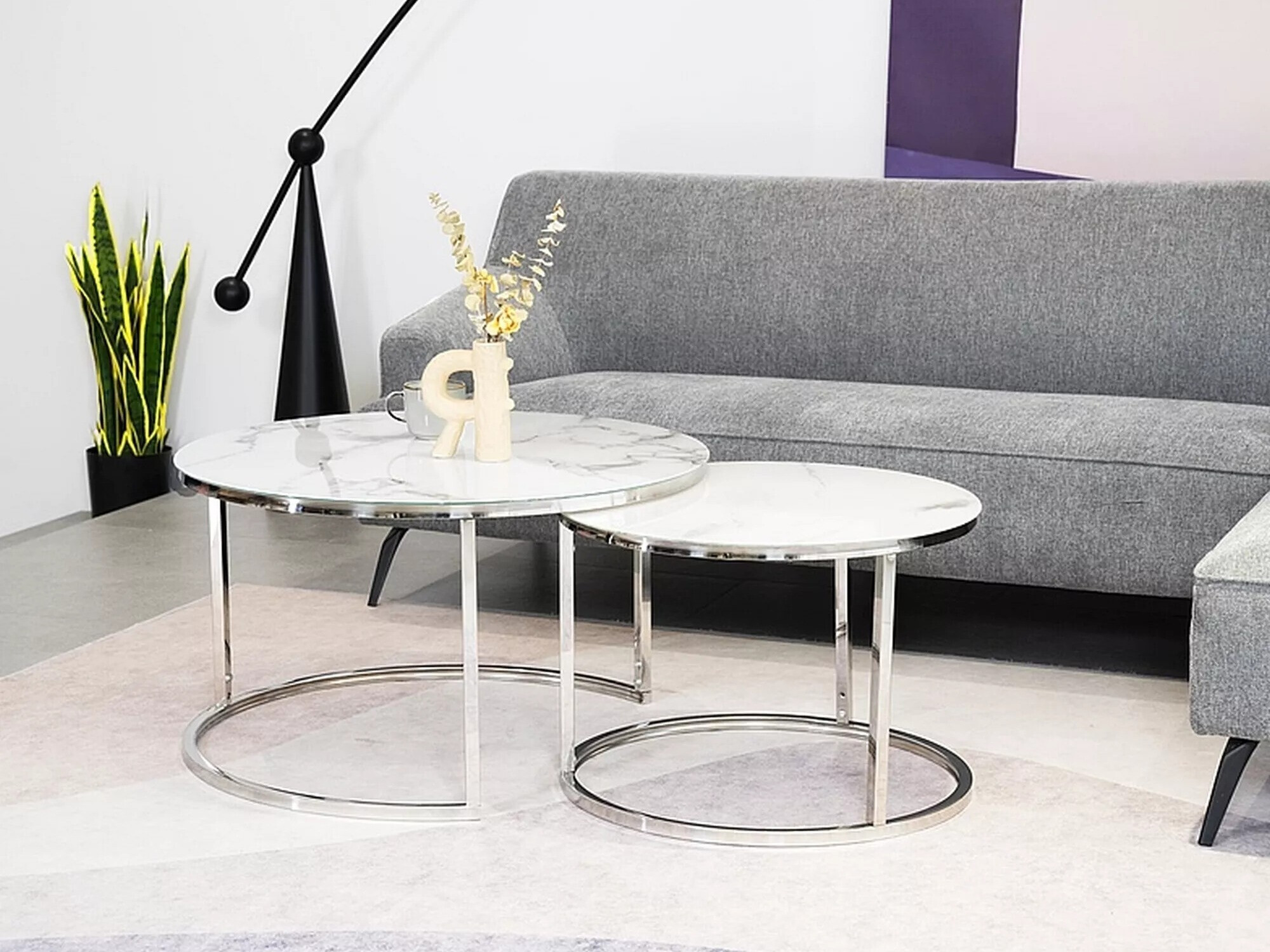 Nest of coffee tables Detroit 494 (Silver + White marble)