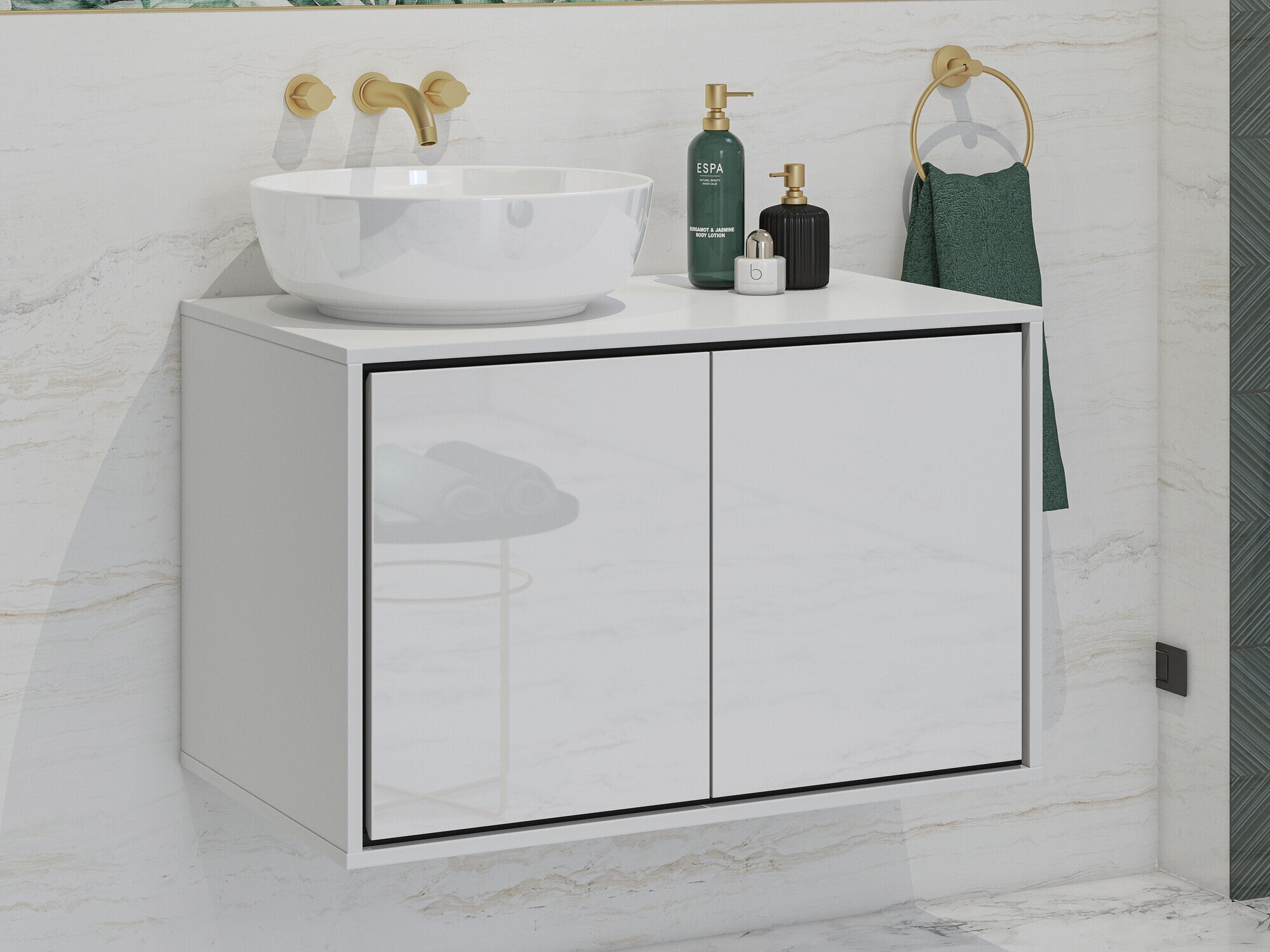 Wall-mounted bathroom cabinet for washbasin Tecavu 103 (Glossy white + White)
