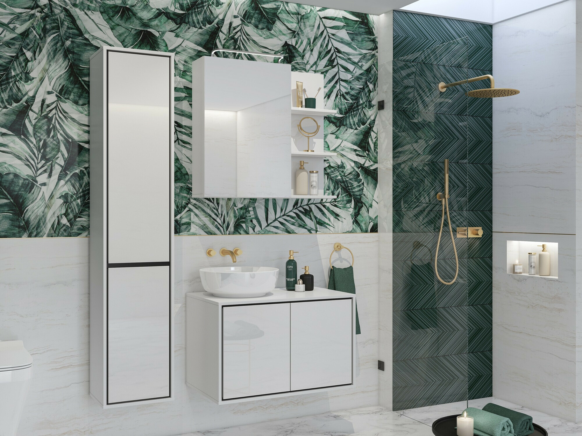 Wall-mounted bathroom cabinet Tecavu 101 (Glossy white + White)