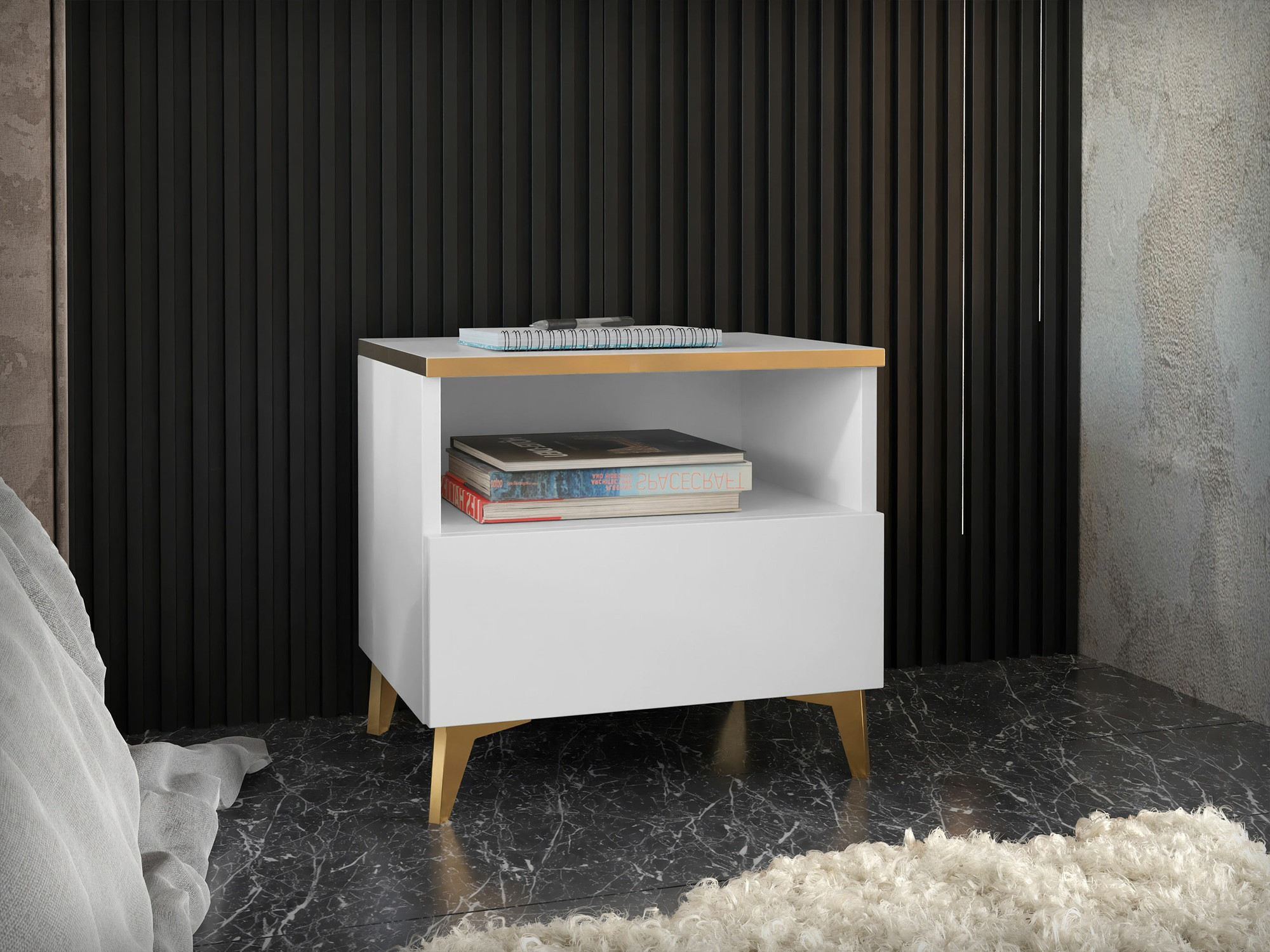Bedside table Comfivo 493 (White + Glossy white)