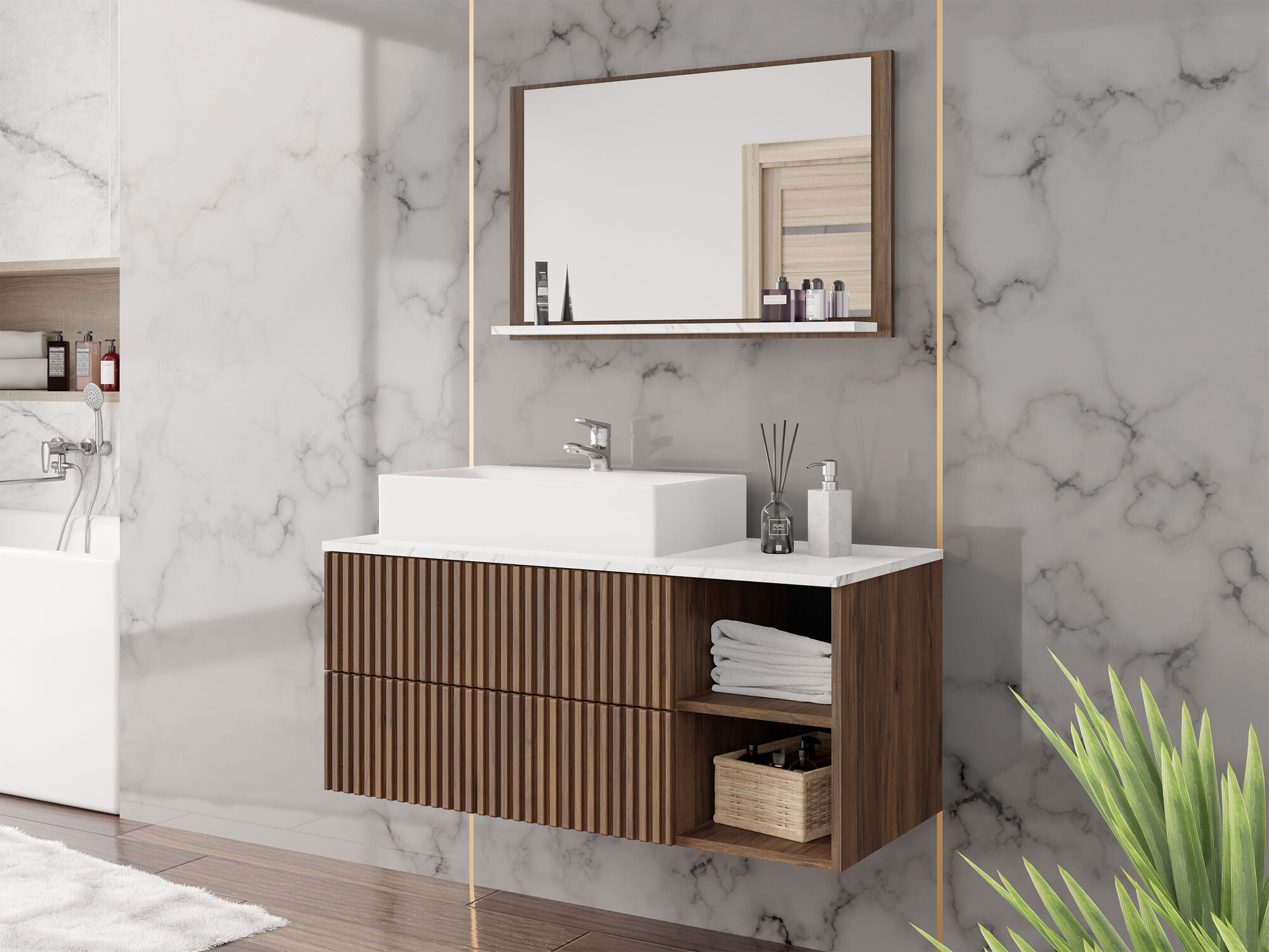 Bathroom set Nauta (Walnut + White marble)