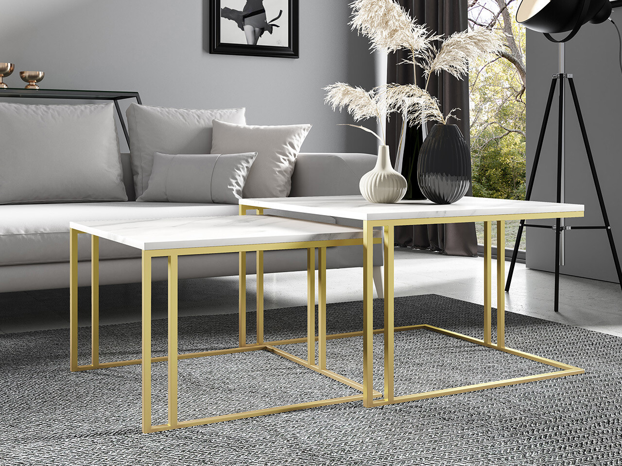 Coffee table set Oswego 110 (White marble + Golden)