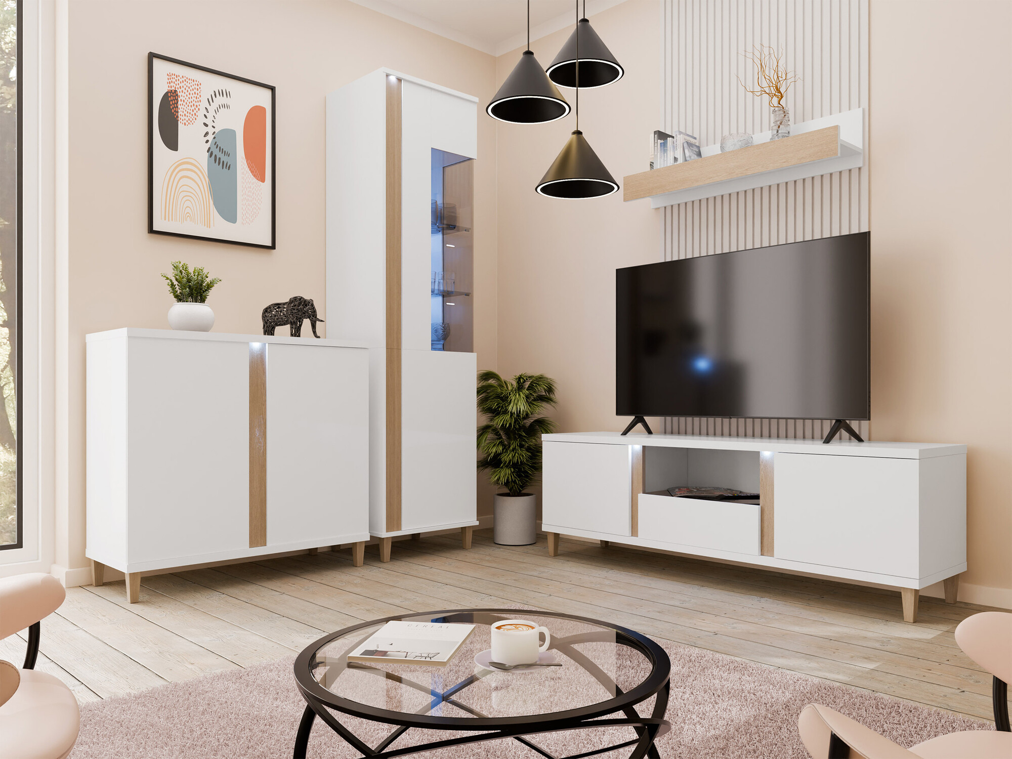 TV stand Florem (White + Glossy white + Light wood)
